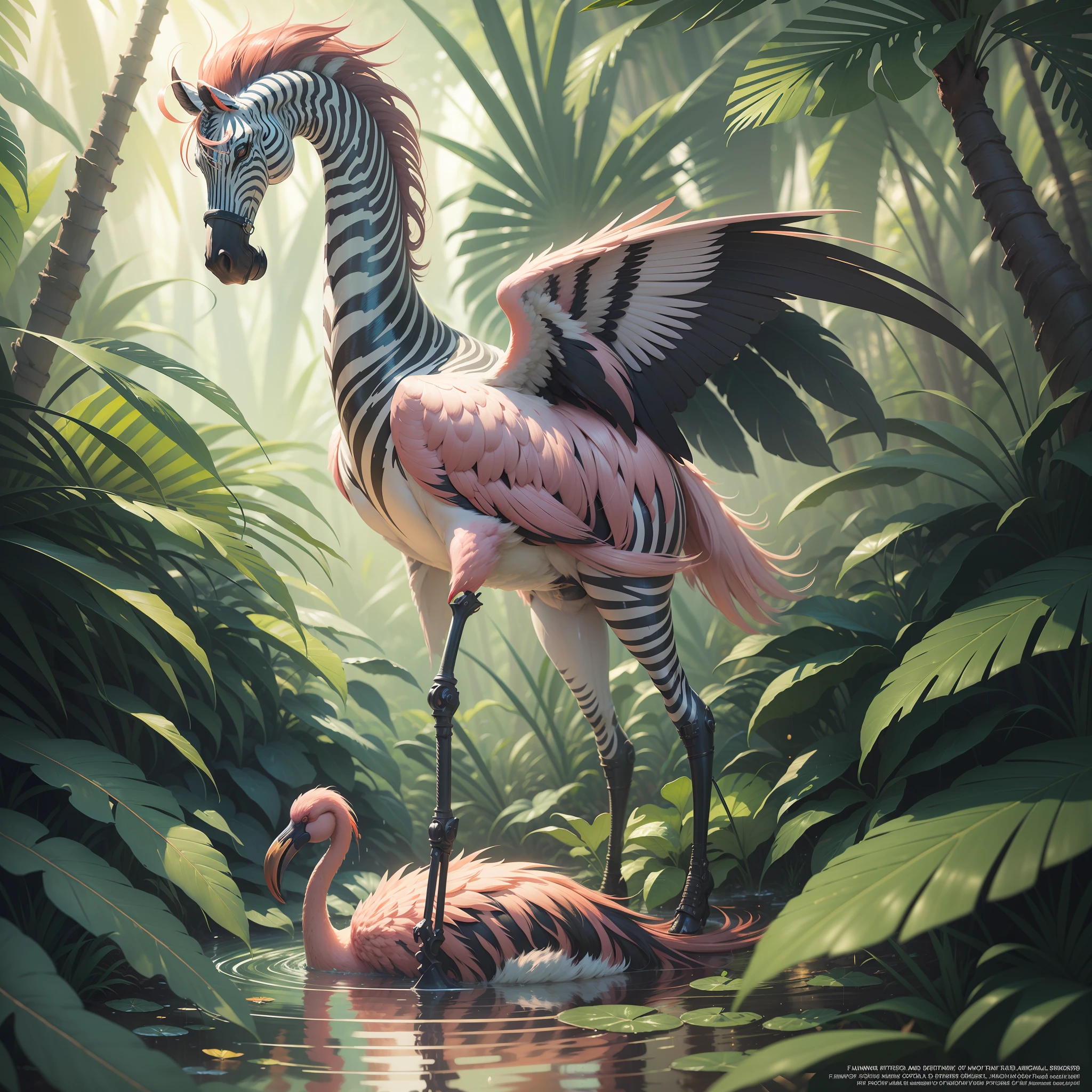 There is a winged zebra and flamingos in a dense jungle, dense tropical jungle, lush palm trees, wet foliage after heavy rain, sunset shining through the leaves of the trees, beautiful digital artworks, surreal hybrid animals, Beeple and James Jean, Beeple and Tim Hildebrandt, digital fantasy illustration, highly detailed digital painting, stunning digital illustration,  award-winning painting, highly detailed digital art, beautiful digital illustration, artstation, artstation trend, cinematic lighting and HDR on stage AI, chromatic aberration, depth of field, intricate, bokeh, trend in CGsociety, dramatic, axis of the sun, masterpiece, (masterpiece, best quality : 1.2), 1time of heavy rain