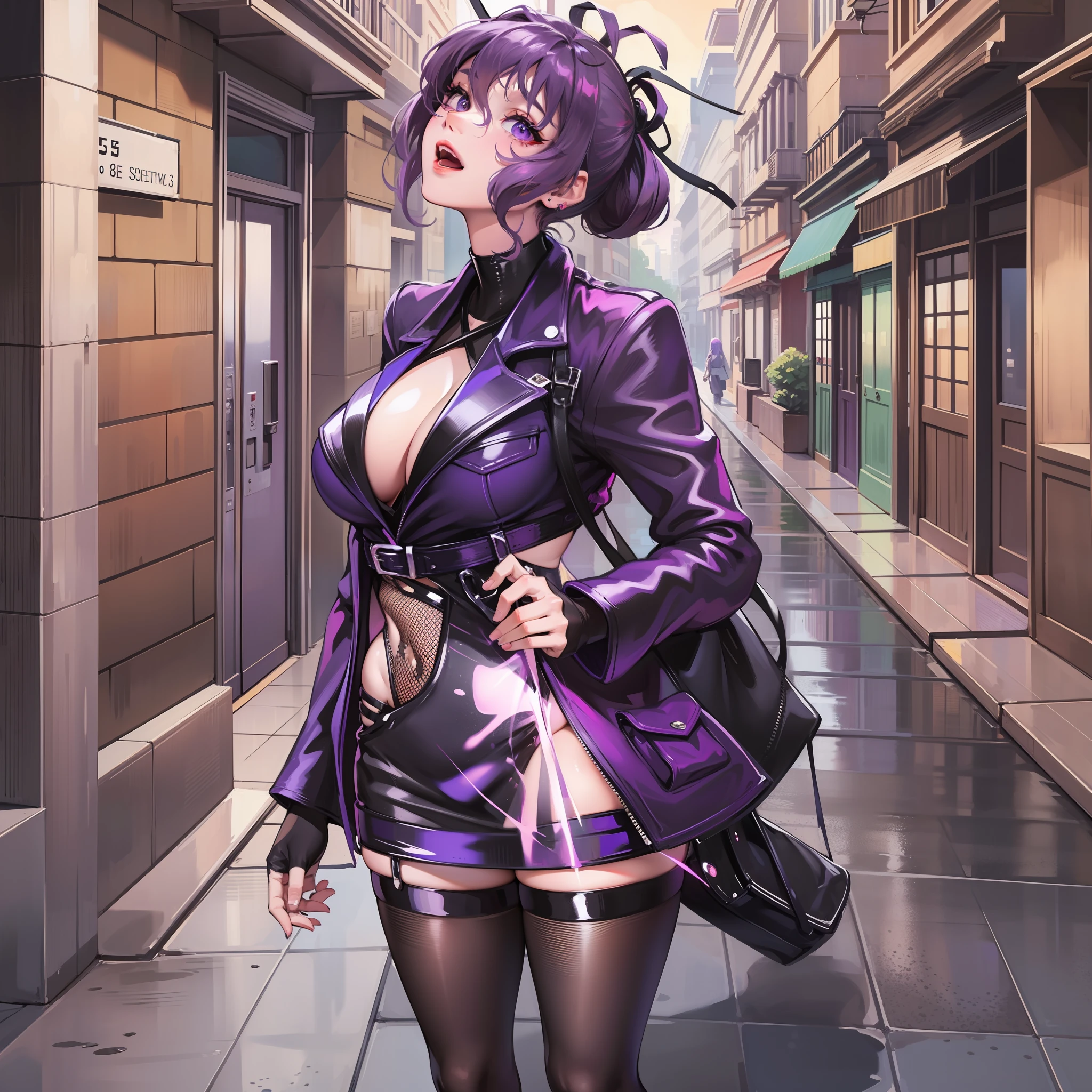 A beauty in her 30s, happy, excited, purple hair, purple eyes, street, doomsday, good-looking eyes, masterpiece of best quality, 8k, high quality, high resolution