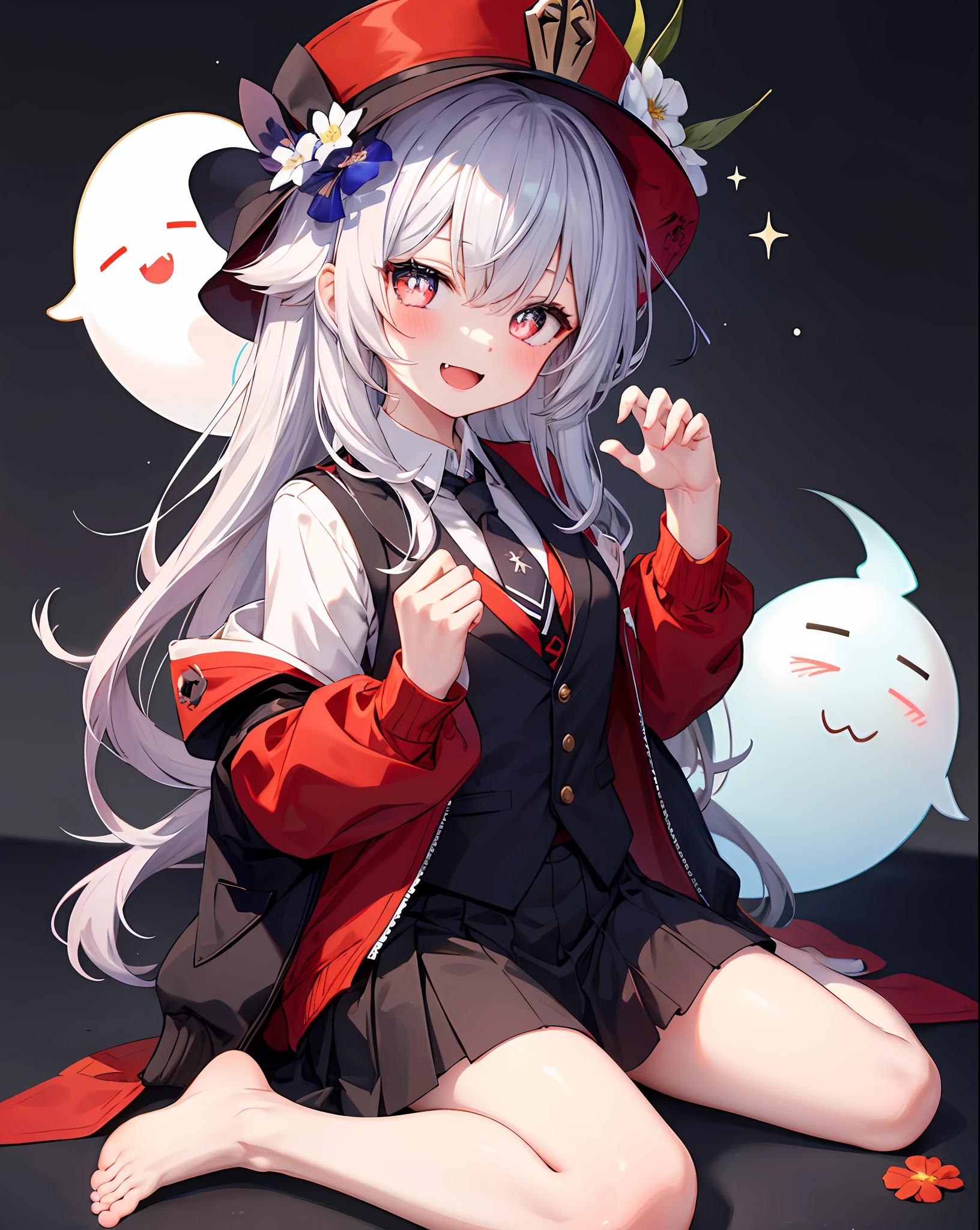 hutaooneplus, 1girl, solo, skirt, red shirt, claw pose, sitting, open mouth, looking at viewer, wariza, vest, barefoot,smile, blush, jacket, fedora, black skirt, fang, simple background, :d, necktie, flower-shaped pupils, boo tao \(genshin impact\), ghost