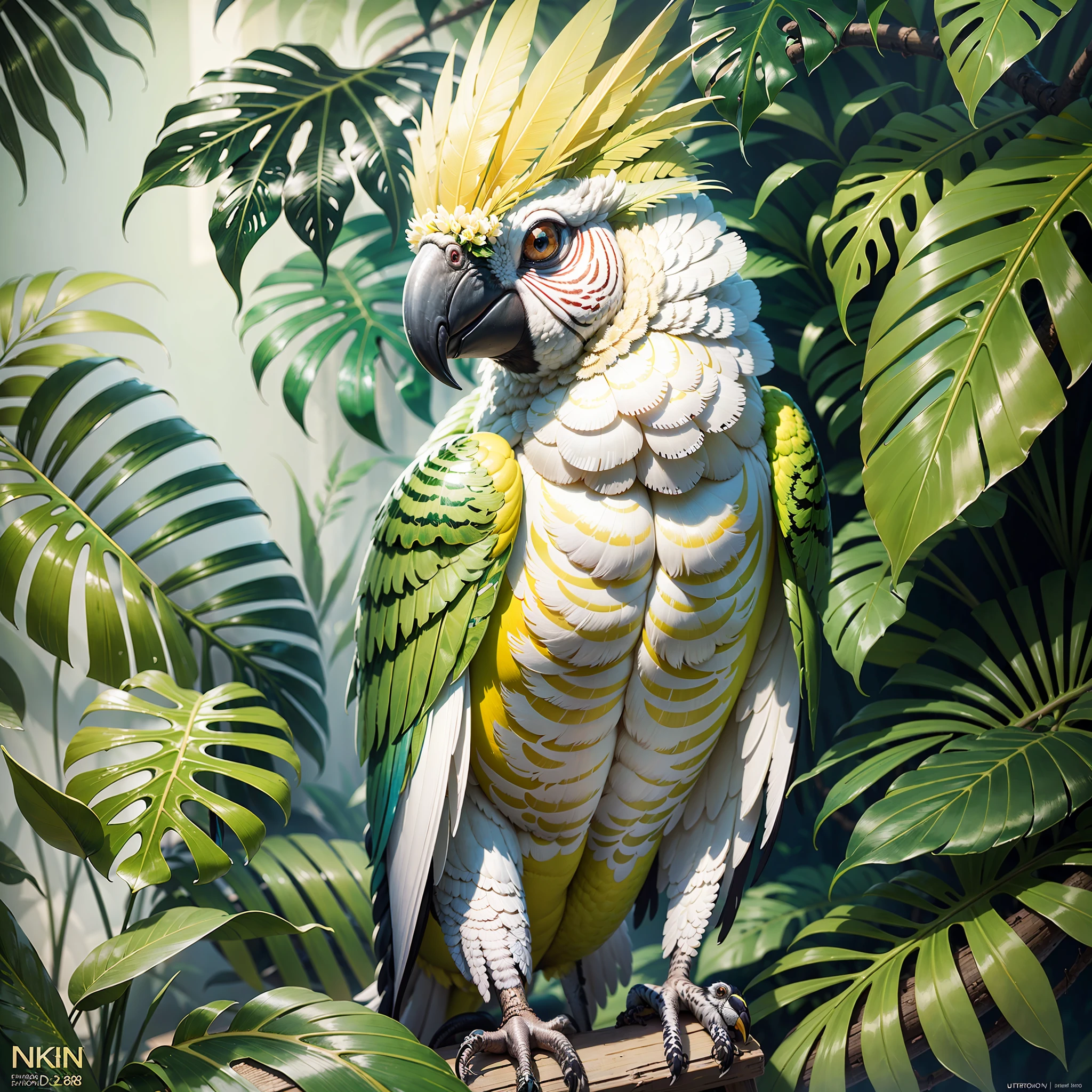 award-winning ultra realistic photographer, jungle with citron cockatoo and palm trees, highly detailed digital painting, citron cockatoo, citron cockatoo, highly detailed digital painting, 8K highly detailed art, highly detailed digital art, photorealistic printing, beautiful digital art, ultra realistic 3D illustration, ultra realistic illustration, 8k photography, nikon, canon 2.8, highly detailed 4K painting, tropical birds, realistic illustration,  surrealism, dreams,