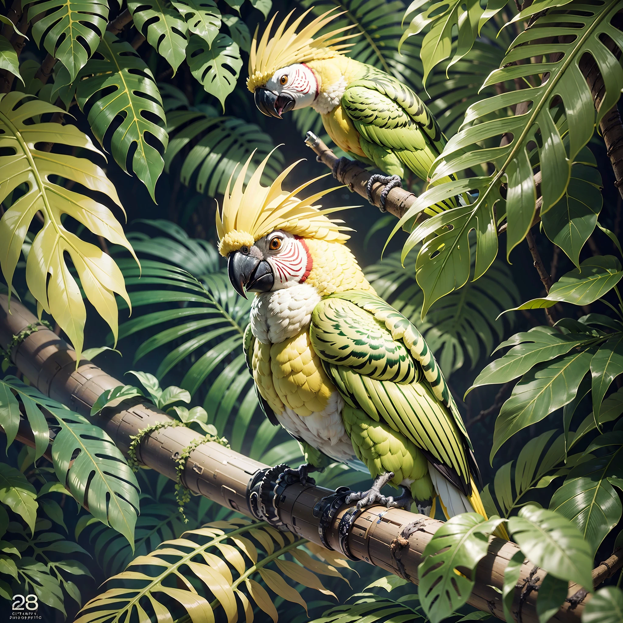 award-winning ultra realistic photographer, jungle with citron cockatoo and palm trees, highly detailed digital painting, citron cockatoo, citron cockatoo, highly detailed digital painting, 8K highly detailed art, highly detailed digital art, photorealistic printing, beautiful digital art, ultra realistic 3D illustration, ultra realistic illustration, 8k photography, nikon, canon 2.8, highly detailed 4K painting, tropical birds, realistic illustration,  surrealism, dreams,