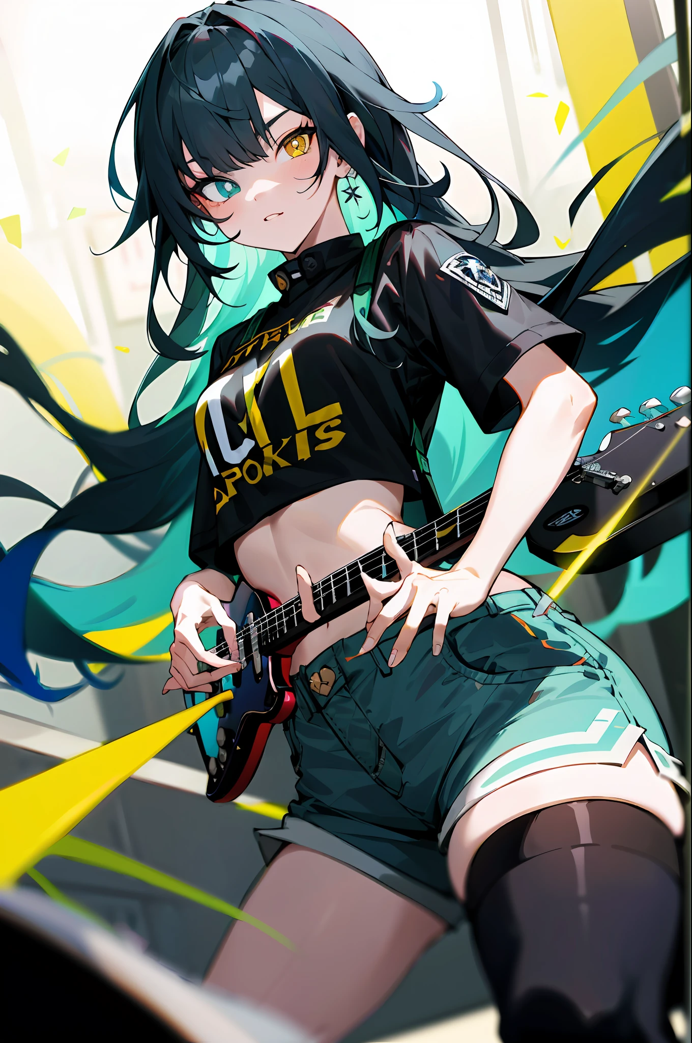 Rockstar, musician, cool, colorful, absurd, best quality, 1girl, solo, look at the viewer, eye focus, LucoaDM, CasualCL, shorts, modern top, hips, heterochromia, focus on the eyes, long hair
ADCOMM
Green Eyes
ADDCOL
(black eyes: 1.5), slit pupils, light pupils, yellow pupils