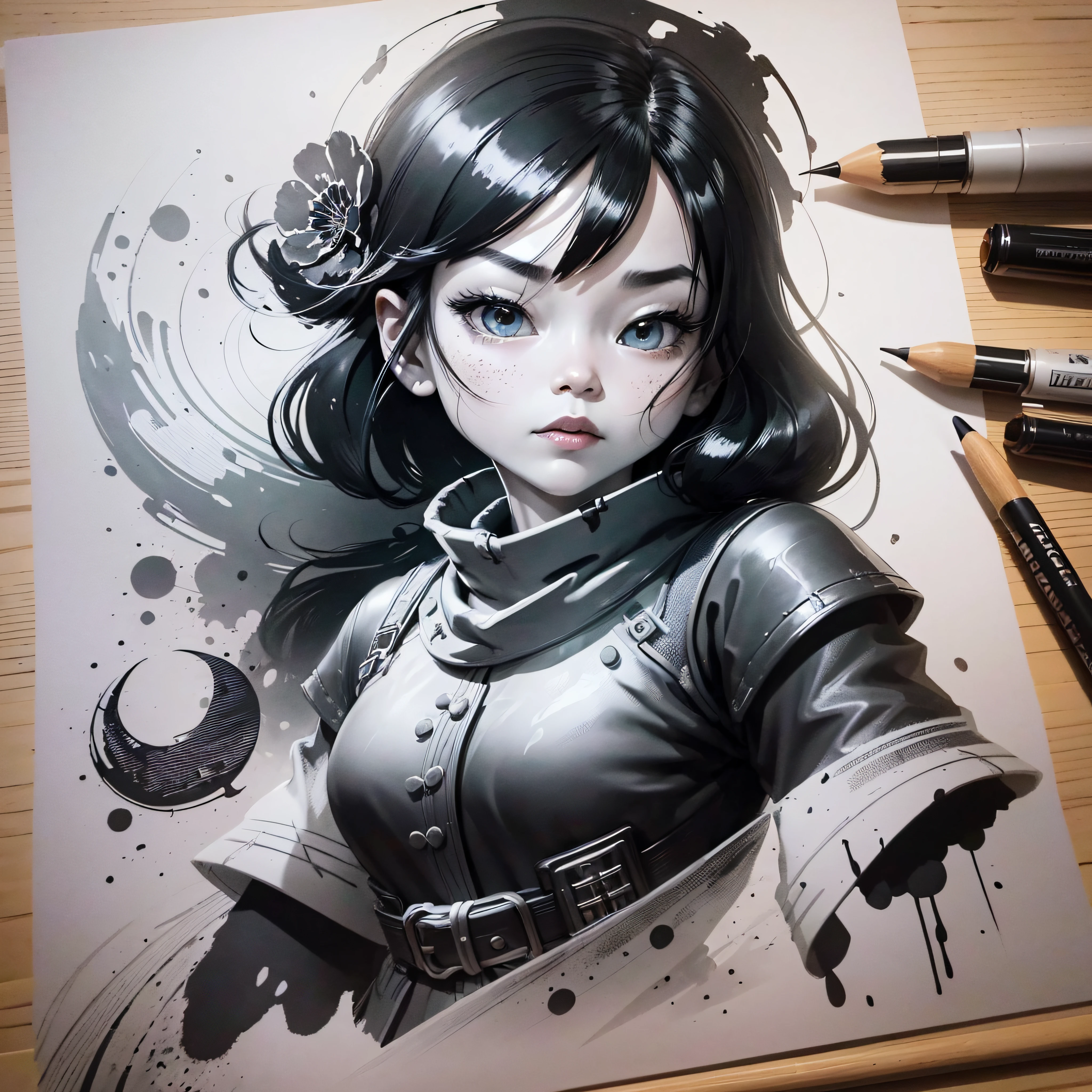 Ink drawing of Vietnamese superheroine, moden ao Dai, full body, Peter Draws, digital illustration, comic style, Dong Son drum patterns background, black and white contrast.perfect anatomy, centered, dynamic, highly detailed, watercolor painting, artstation, concept art, smooth, sharp focus, illustration, art by Carne Griffiths and Wadim Kashin , --auto