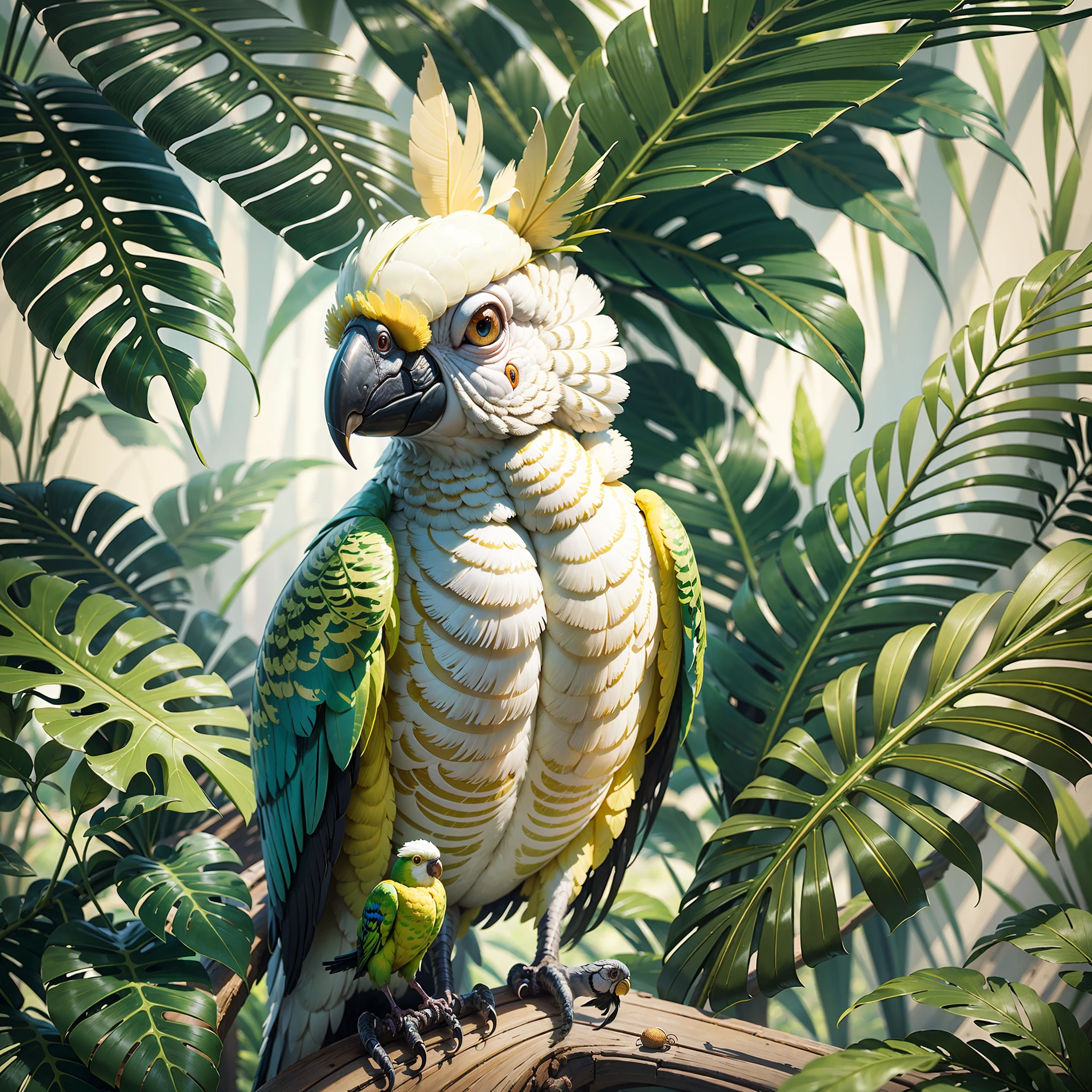 award-winning ultra realistic photographer, jungle with citron cockatoo and palm trees, highly detailed digital painting, citron cockatoo, citron cockatoo, highly detailed digital painting, 8K highly detailed art, highly detailed digital art, photorealistic printing, beautiful digital art, ultra realistic 3D illustration, ultra realistic illustration, 8k photography, nikon, canon 2.8, highly detailed 4K painting, tropical birds, realistic illustration,  surrealism, dreams,