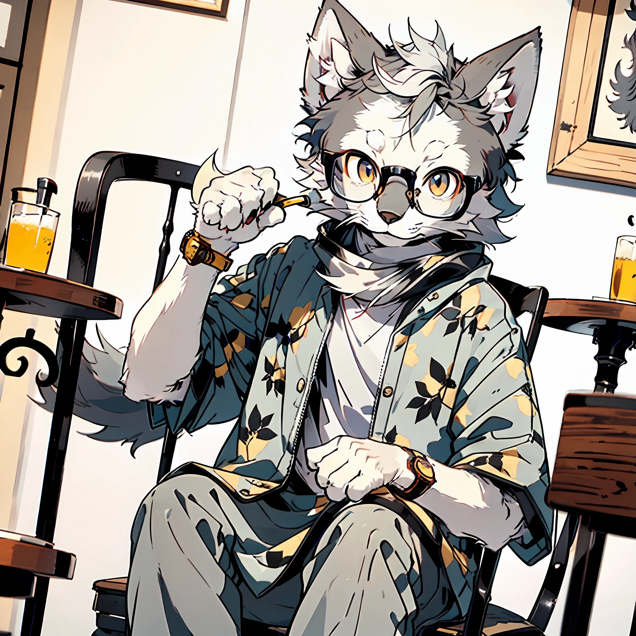 Solo, Masterpiece, High Detail, Super High Quality, High Resolution, 1080P, ((Single)), Furry, (Male Arctic Fox: 1.5), (Gray Fur: 1.5), (Gray Skin: 1.5)), Gray Ears, (Golden Eyes: 1.5), ((Gray Paws)), Canine Paws, ((Detailed Characters)), Character Focus, Wearing a Dress, Wearing a Gorgeous Watch, Wearing One-Rimmed Glasses, Sitting in a Chair, in a Restaurant, Frontal Perspective, Looking at the Viewer