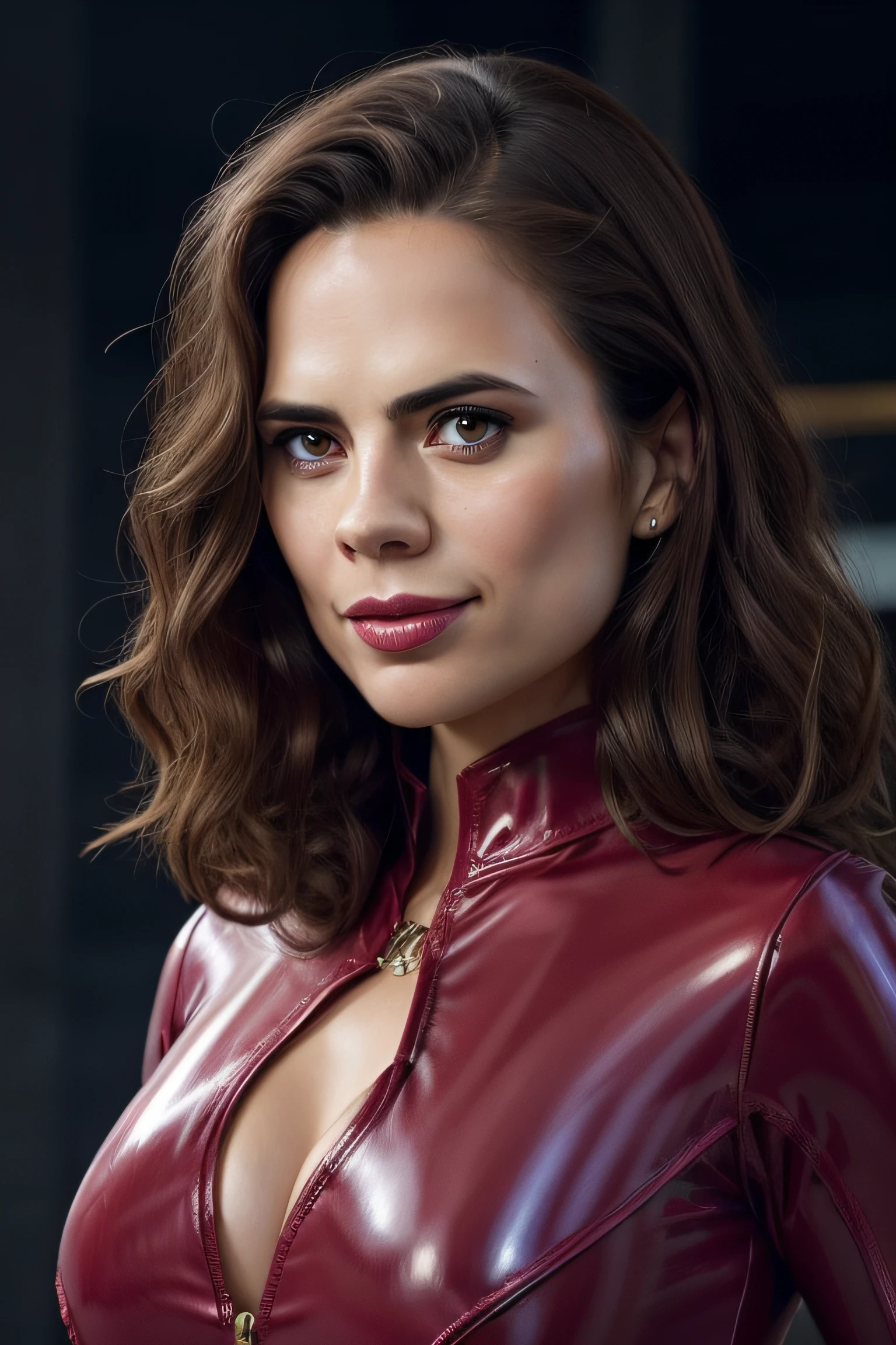 Beautiful woman, Hayley Atwell, superhero, wearing a (crimson red pvc catsuit), beautiful legs, (long curly hair), detailed eyes, (detailed realistic face), blush, confident smile, highly detailed, modelshoot style, (extremely detailed CG unity 8k wallpaper), (whole body shoot) photo of the most beautiful artwork in the world, luxury hotel, fashion top model, trending on ArtStation, trending on CGSociety, Intricate, High Detail, Sharp focus, dramatic, photorealistic painting art by midjourney