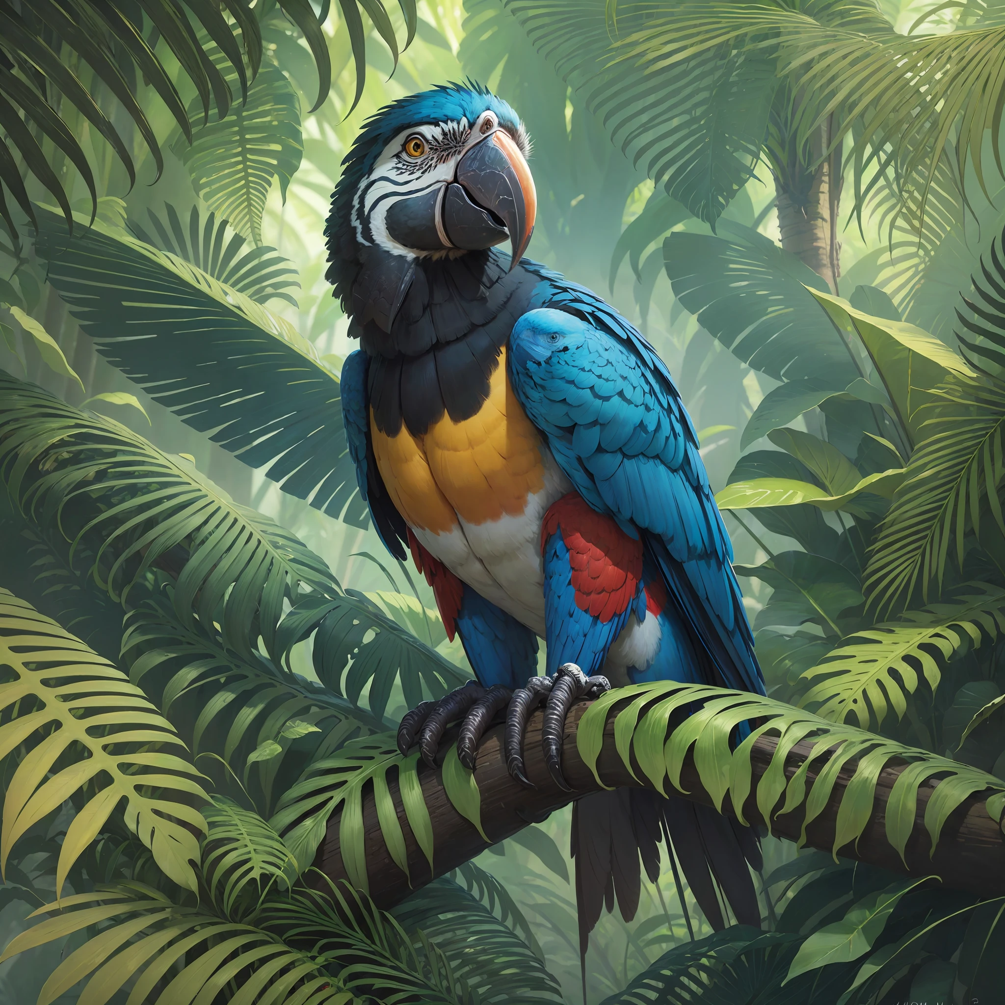 award-winning photographer, jungle with macaws and palm trees, highly detailed digital painting, macaws, blue macaws, highly detailed digital painting, 8K highly detailed art, highly detailed digital art, photorealistic printing, beautiful digital art, ultra realistic 3D illustration, ultra realistic illustration, highly detailed 4K painting, tropical birds, realistic illustration, surrealism, dreams,