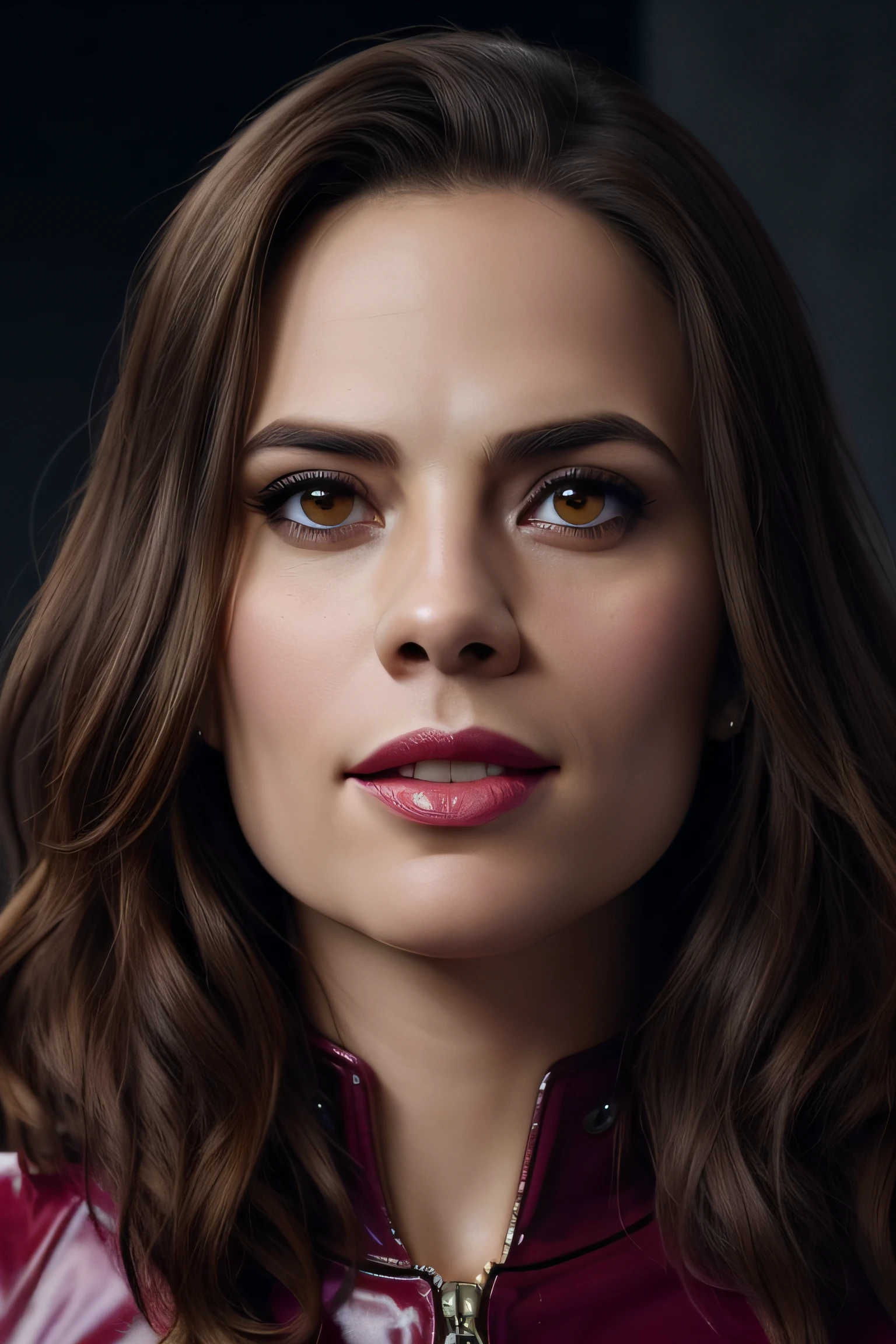 Beautiful woman, Hayley Atwell, superhero, wearing a (crimson red pvc catsuit), beautiful legs, (long curly hair), detailed eyes, (detailed realistic face), blush, confident smile, highly detailed, modelshoot style, (extremely detailed CG unity 8k wallpaper), (whole body shoot) photo of the most beautiful artwork in the world, luxury hotel, fashion top model, trending on ArtStation, trending on CGSociety, Intricate, High Detail, Sharp focus, dramatic, photorealistic painting art by midjourney