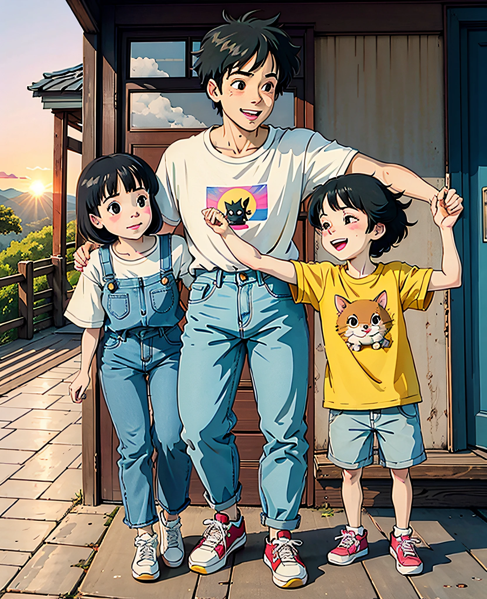 The son of a pair of parents and family photos, parents looking at her son full of hope. The whole body photos, laughing happily. Boy wearing a yellow jerseys, red shoes, and the girl is wearing a white shirt, jeans and white shoes, black hair, a house, flower, hayao miyazaki and other small animals. A happy boy, a round face, big eyes, long eyelashes, sunset sunset,