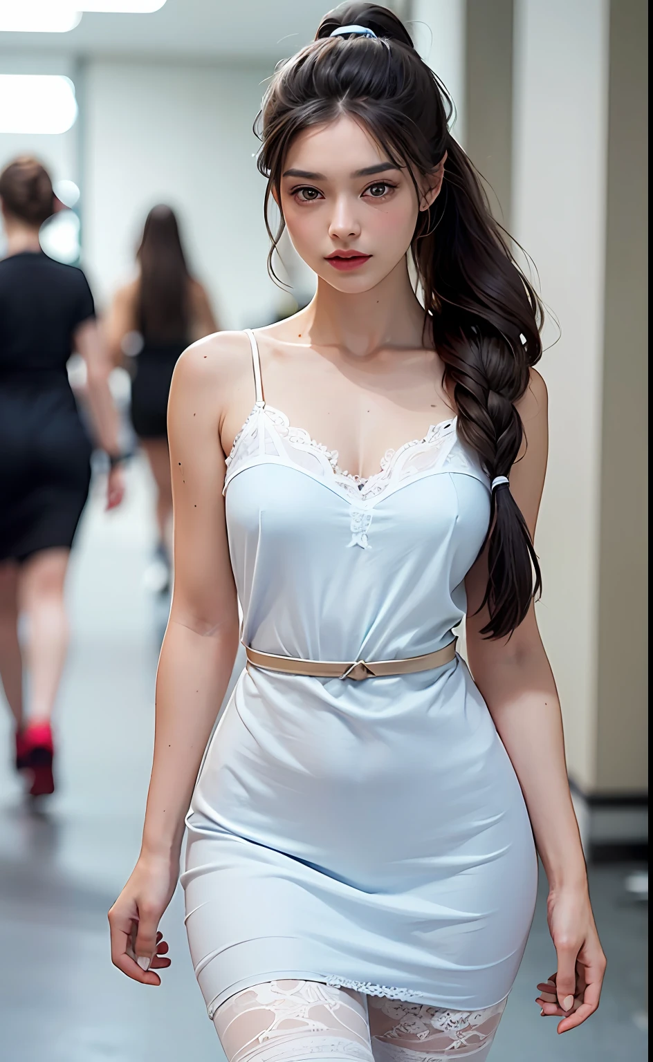 (Catwalk : 1.3) (Realistic, 8K, masterpiece, woman, long ponytail and waist, light blue on one side, dark gray heterochromic pupil on the other, slender thick eyebrows, white lace dress, , smooth thighs, catwalk)