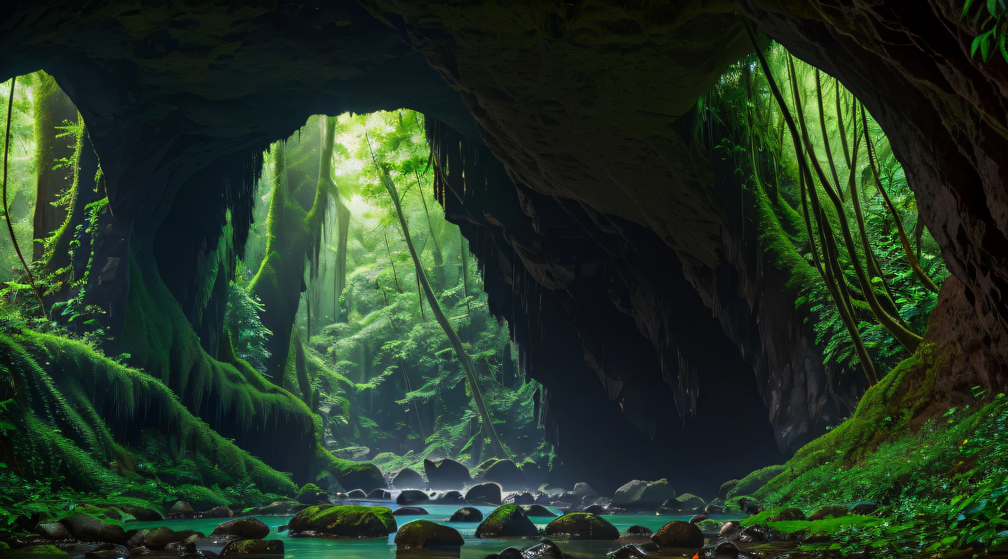 Cave in a rainforest, amazing detail, ultra HD