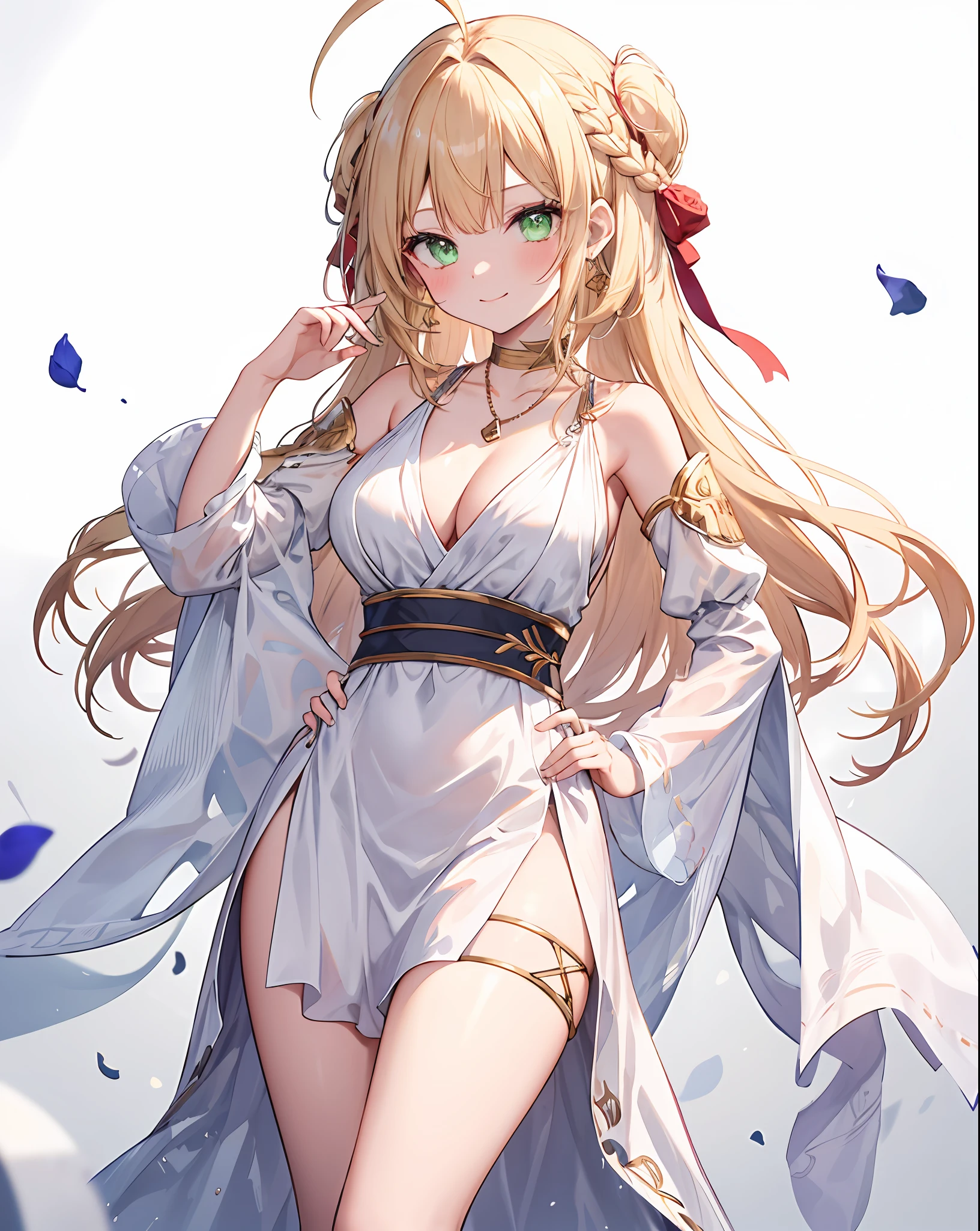 greek clothes, peplos, 1girl, breasts,blonde hair, ahoge, green eyes, flower, hair intakes, looking at viewer, large breasts, solo, rose, jewelry, bangs, hand on hip, ribbon, thighs, collarbone, white background, smile, detached sleeves, braid, hair ribbon, sword, french braid, thighlet, cleavage, simple background, red ribbon, earrings, long sleeves, red rose, mouth hold, blush, long hair, necklace