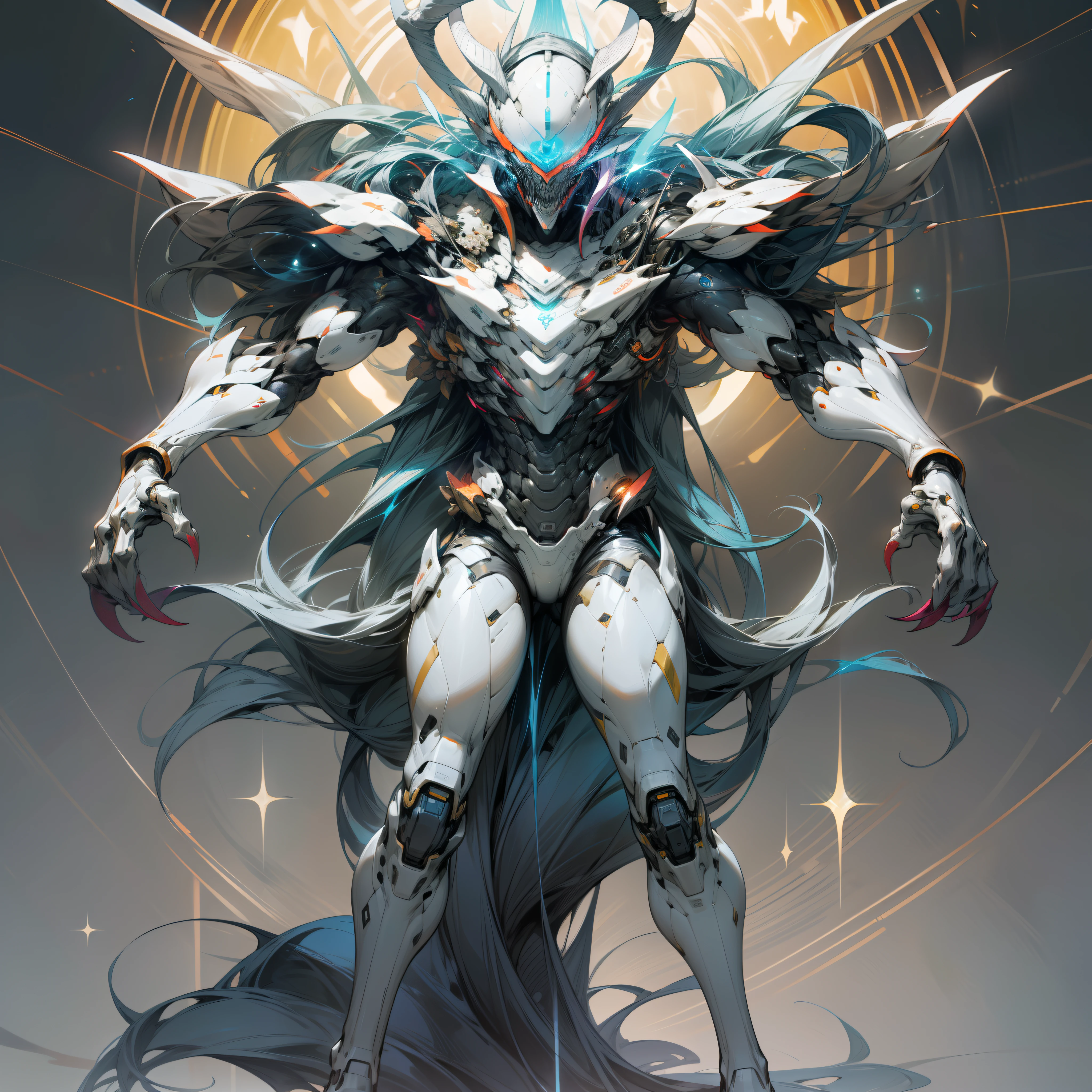 Three-meter humanoid alien, slender body, elongated arms and legs, Horse nails on the feet, long hands with large sharp claws, white body with black stripes, white head with deer horns, devoid of eyes, a blue jewel on the head huge jaw full of teeth, an electric aura, hairless