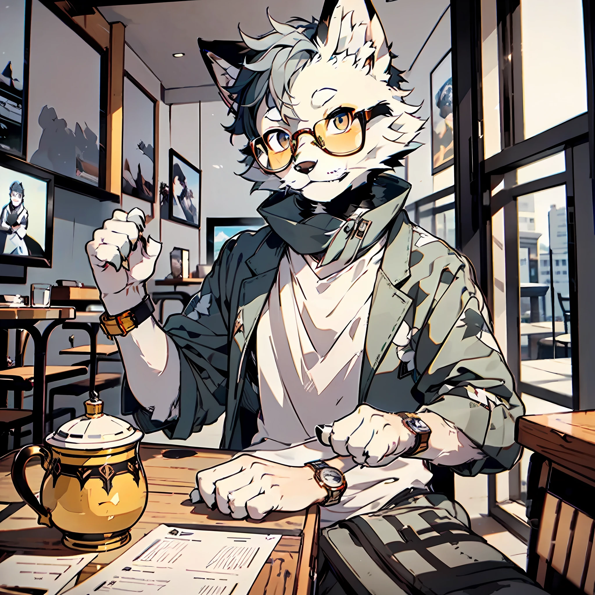 Solo, Masterpiece, High Detail, Super High Quality, High Resolution, 1080P, ((Single)), Furry, (Male Arctic Fox: 1.5), (Gray Fur: 1.5), (Gray Skin: 1.5)), Gray Ears, (Golden Eyes: 1.5), ((Gray Paws)), Canine Paws, ((Detailed Characters)), Character Focus, Wearing a Dress, Wearing a Gorgeous Watch, Wearing One-Rimmed Glasses, Sitting in a Chair, in a Restaurant, Frontal Perspective, Looking at the Viewer