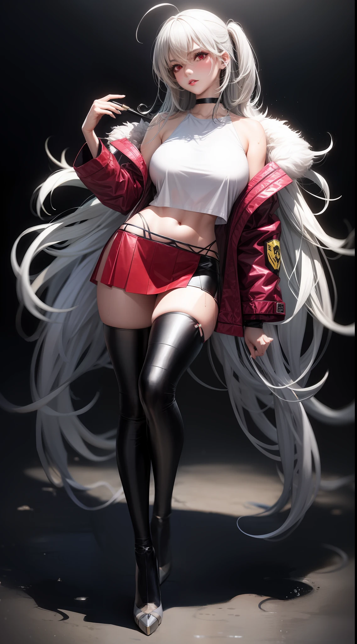 Realistic, 1girl, long white hair, red eyes, glowing eyes, cropped crop top, miniskirt, parted lips, blush, big breasts, full body, high heels, wet