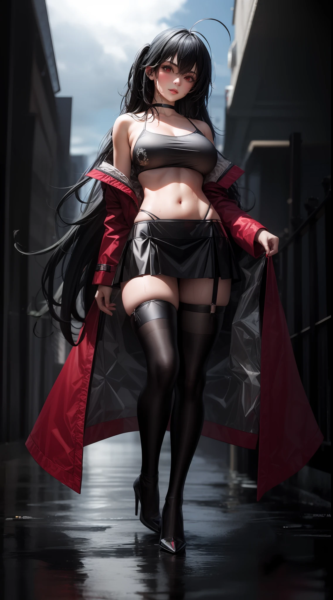 Realistic, 1girl, long white hair, red eyes, glowing eyes, cropped crop top, miniskirt, parted lips, blush, big breasts, full body, high heels, wet