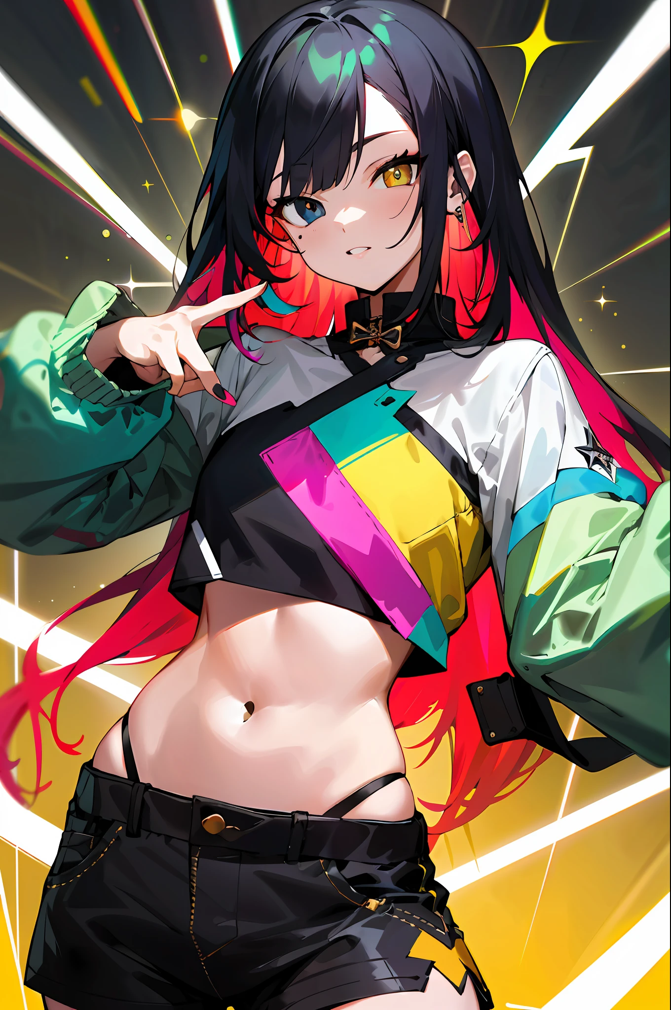 Rockstar, musician, cool, colorful, absurd, best quality, 1girl, solo, viewer look, eye focus, LucoaDM, CasualCL, shorts, modern top, hips, heterochromia, eye focus, long multicolored hair
ADCOMM
Green Eyes
ADDCOL
(black eyes: 1.5), slit pupils, light pupils, yellow pupils