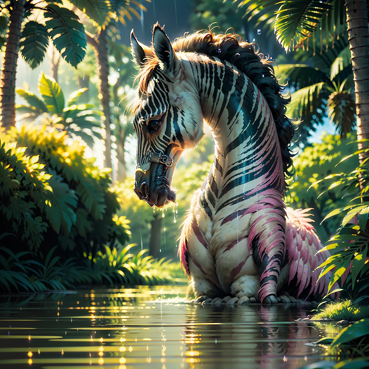 ((best quality)),((masterpiece)), hyper realistic illustration, (((ultra detailed)),, Scene structure: Enchanted forest: Winged zebras and flamingos dancing Hawaiian. Dense tropical forest. Wet rain. Beautiful sunset falling, movie light, cinematic, intricate details. Foliage rich in detail by Pixar, Walt Disney,, award-winning work, chromatic, 16K, motion blur, cinematic lighting, depth of field, reflection light, god rays, glowing light, blending, drop shadow, masterpiece
