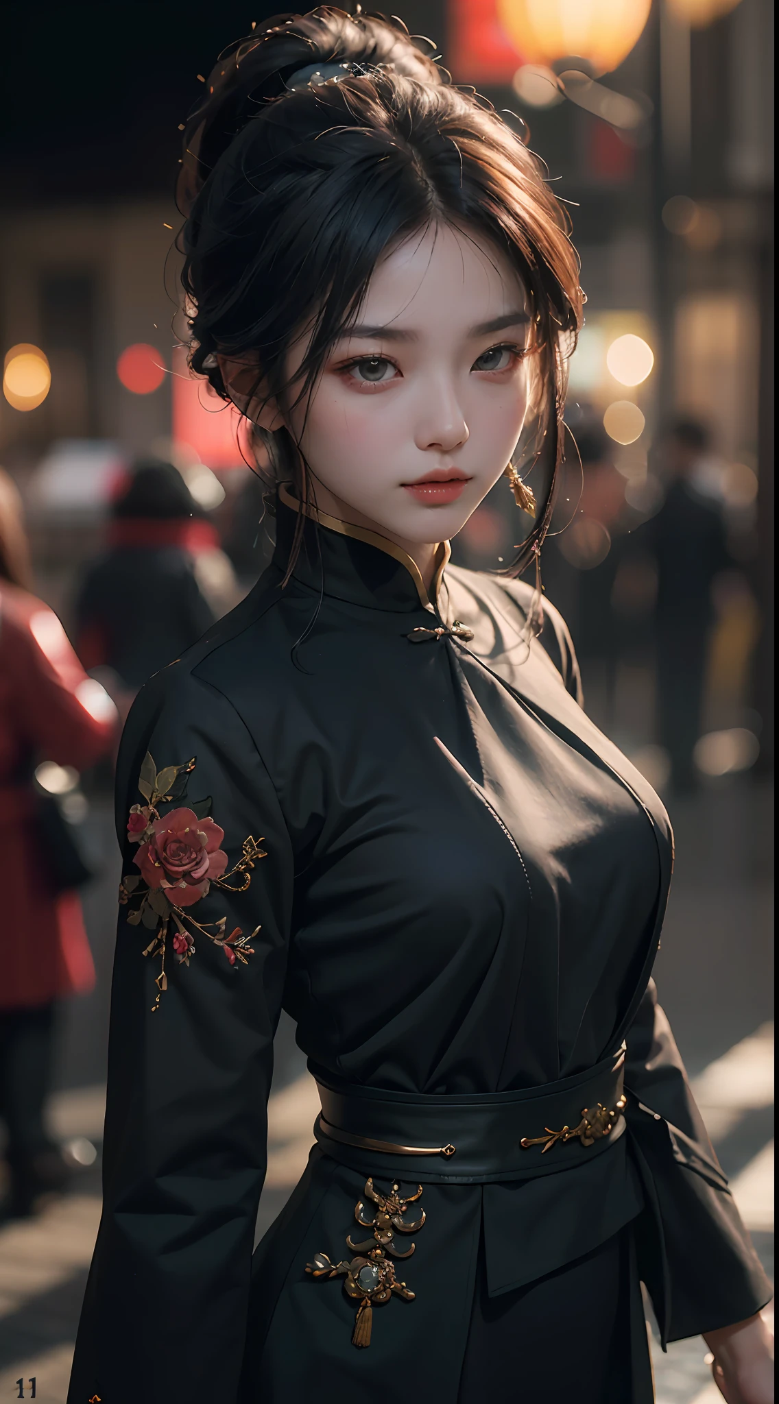 Best quality, (RAW photos: 1.2), (Masterpiece: 1.4), (Realistic: 1.4), (High resolution: 1.4), Chinese actress Gulinazha, depth of field, intricate details, 8k, very detailed, perfect lighting, epic background, big bust 1.3, black Zhongshan suit