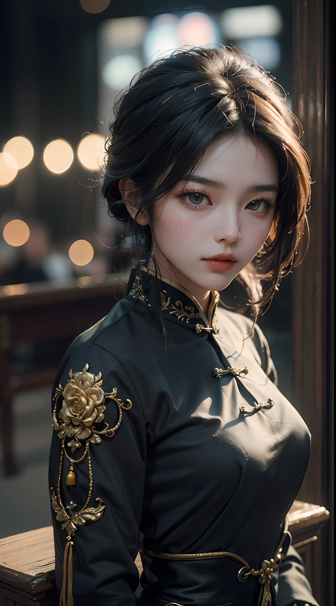 Best quality, (RAW photos: 1.2), (Masterpiece: 1.4), (Realistic: 1.4), (High resolution: 1.4), Chinese actress Gulinazha, depth of field, intricate details, 8k, very detailed, perfect lighting, epic background, big bust 1.3, black Zhongshan suit