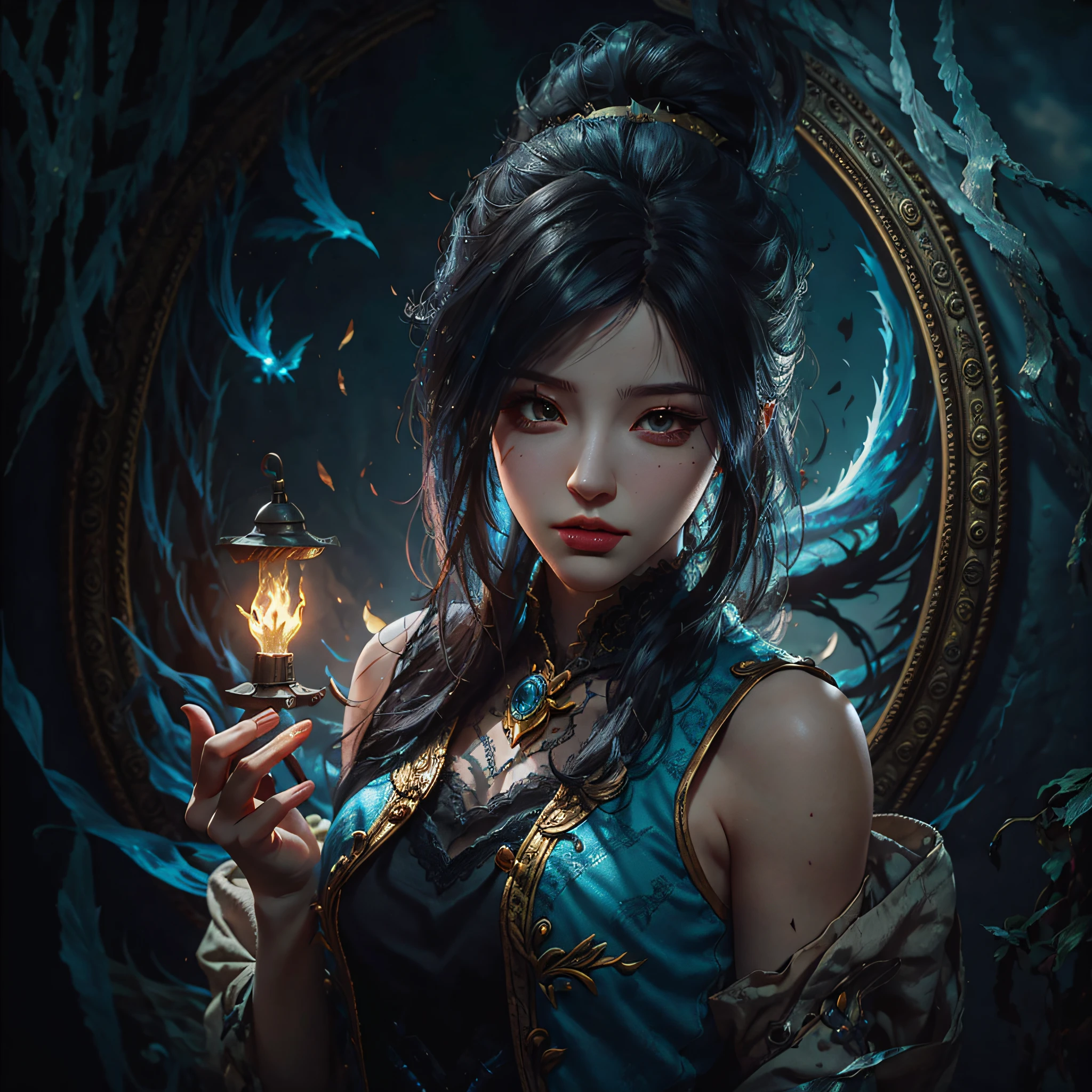 a close up of a person holding a oil lamp, arcane jinx, caitlyn from league of legends, extremely detailed artgerm, samira from league of legends, kda, from league of legends, jinx from league of legends, style artgerm, league of legends character, artgerm detailed, league of legends concept art, ashe