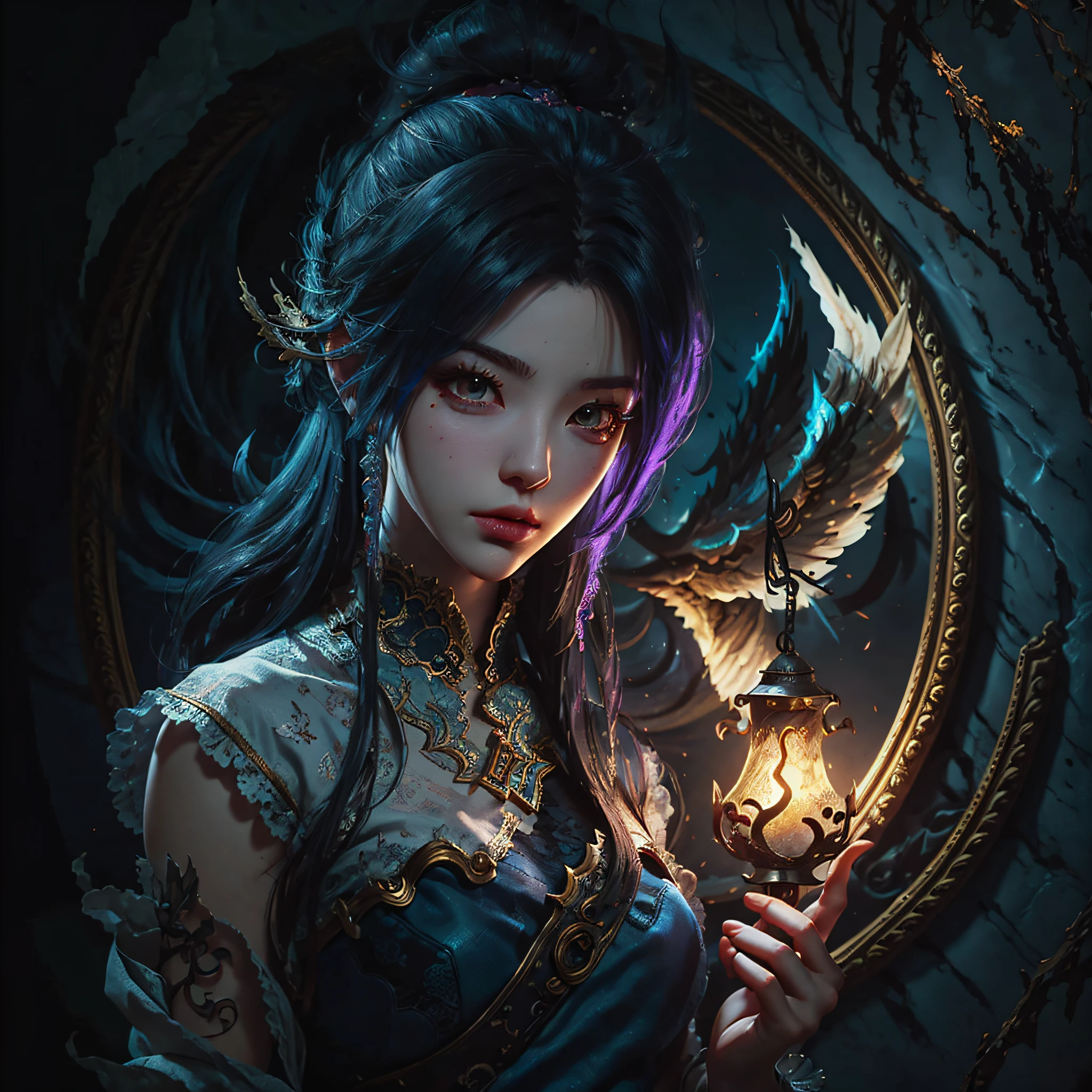 a close up of a person holding a oil lamp, arcane jinx, caitlyn from league of legends, extremely detailed artgerm, samira from league of legends, kda, from league of legends, jinx from league of legends, style artgerm, league of legends character, artgerm detailed, league of legends concept art, ashe