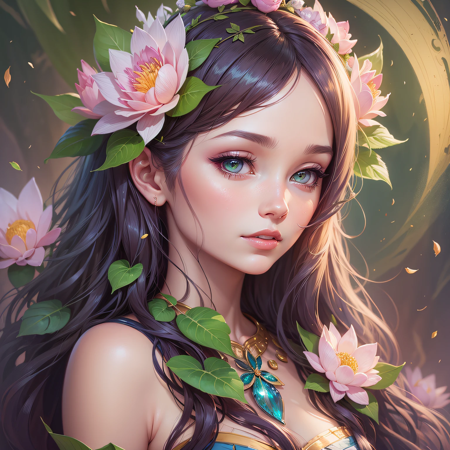 Wreaths on the head, all kinds of flowers, lotus, lotus, future girl's head close-up, perfect and delicate, expression cute, Cyber Fairy Grunge, illustration, wide angle, Subane 3D, Grainy, Perfance, Azure Colores, Happycore, Hard Lightine, Ultra Realism, Photo Realism, Octane Rendering, Unreal Engine, Ultra Detail, Volumetric Lighting, HDR, Octane Drawing, Fantase, Full HD --auto