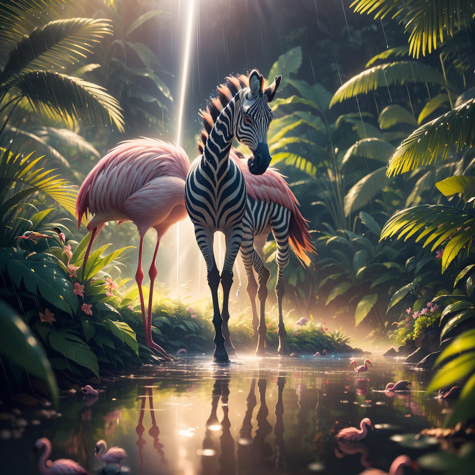 ((best quality)),((masterpiece)), hyper realistic illustration, (((ultra detailed)),, Scene structure: Enchanted forest: Winged zebras and flamingos dancing Hawaiian. Dense tropical forest. Wet rain. Beautiful sunset falling, movie light, cinematic, intricate details. Foliage rich in detail by Pixar, Walt Disney,, award-winning work, chromatic, 8K, motion blur, cinematic lighting, depth of field, reflection light, god rays, glowing light, blending, drop shadow, masterpiece