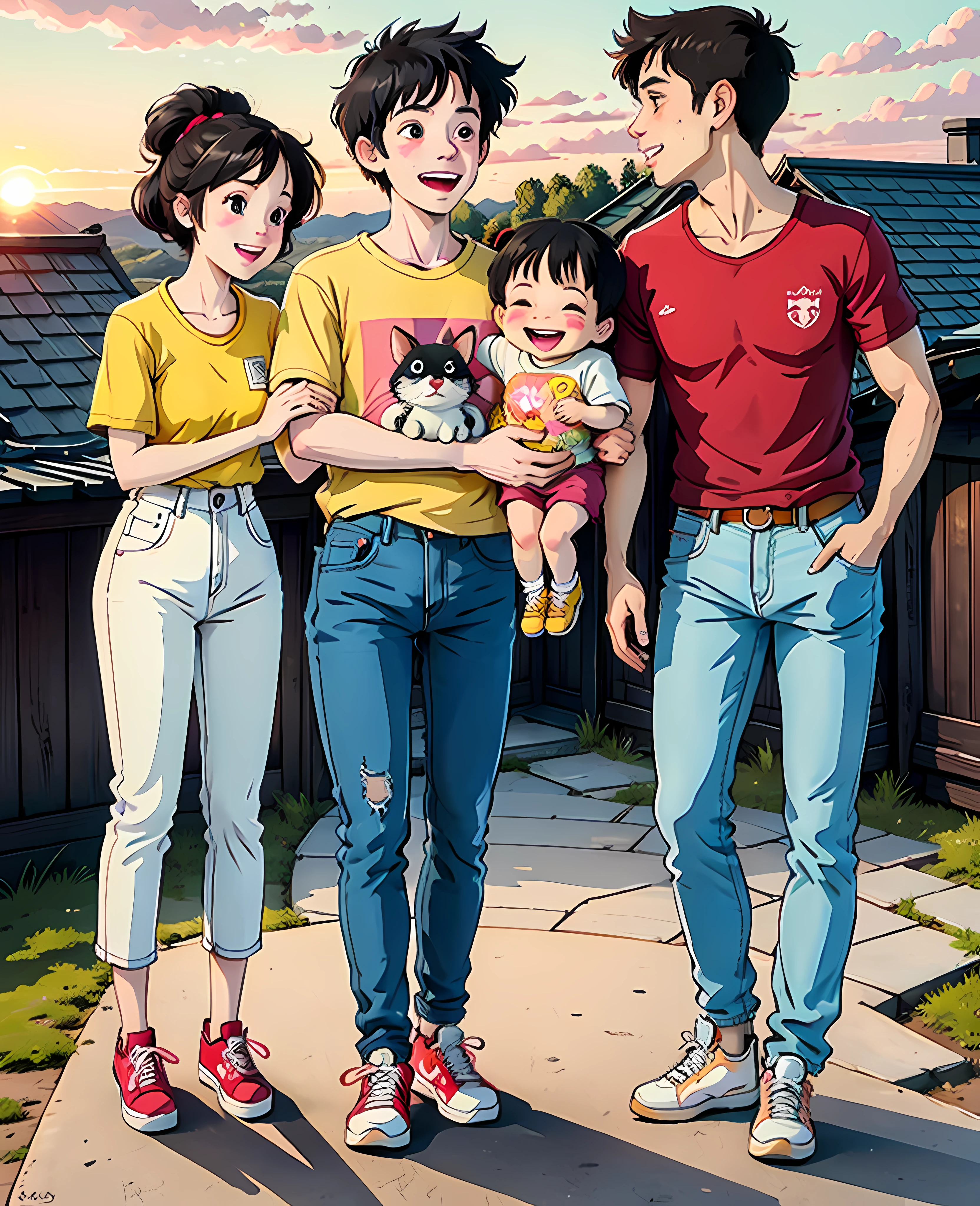 The son of a pair of parents and family photos, parents looking at her son full of hope. The whole body photos, laughing happily. Boy wearing a yellow jerseys, red shoes, and the girl is wearing a white shirt, jeans and white shoes, black hair, a house, flower, hayao miyazaki and other small animals. A happy boy, a round face, big eyes, long eyelashes, sunset sunset,