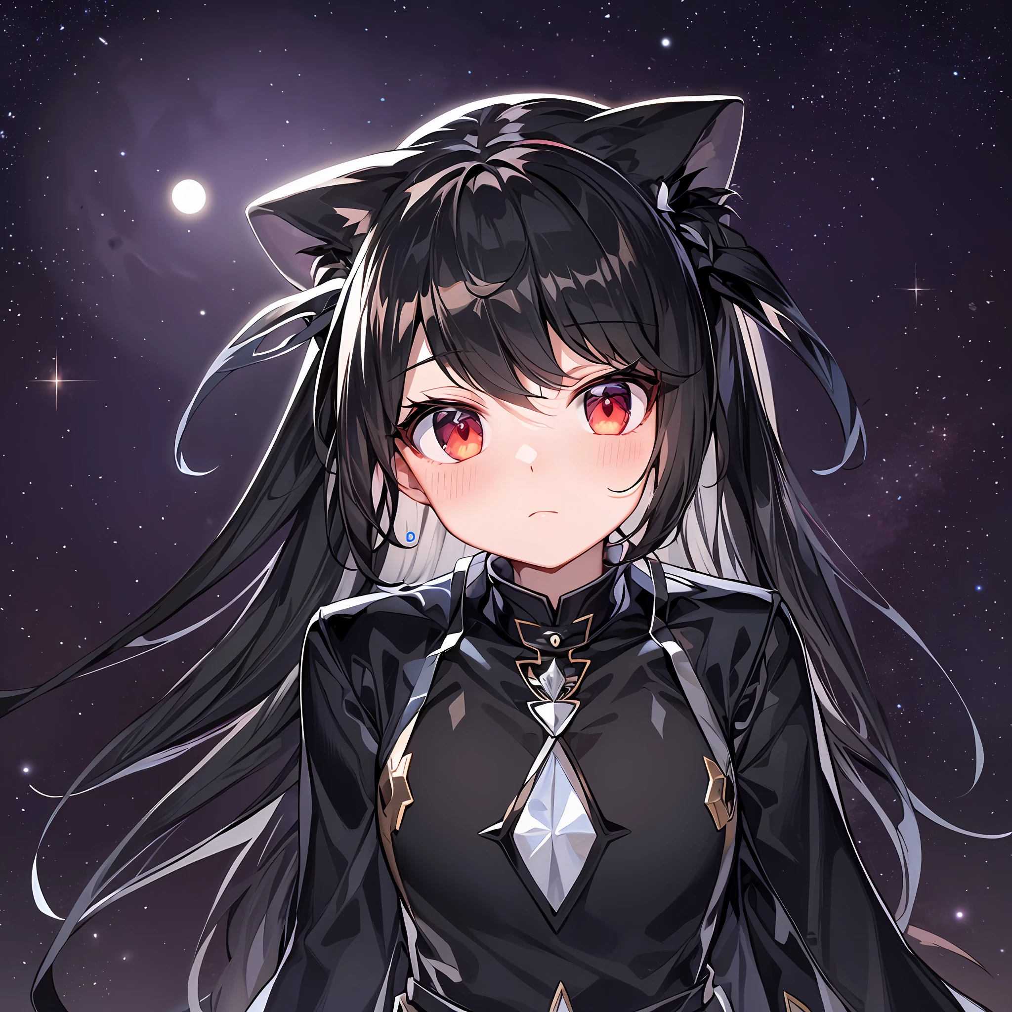 Black hair, space backdrop, big moon, red eyes, black shirt with white