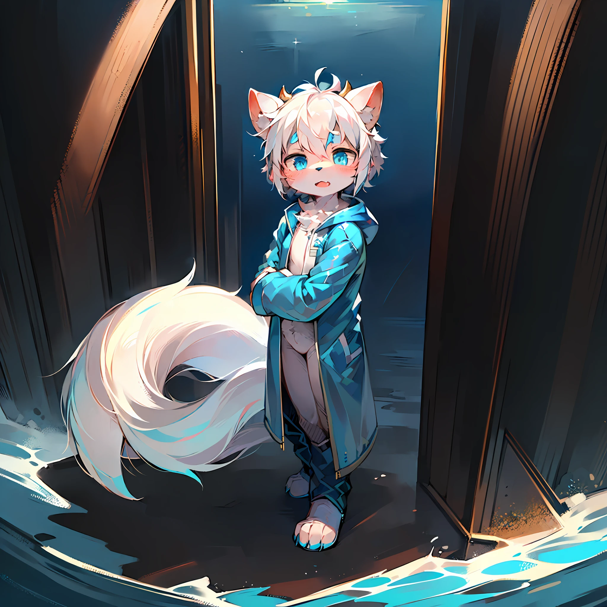 (Bright Environment: 0.8), Masterpiece, High Quality, Abstract )res,Digital Painting\(artwork\), by Dagasi, Yupa, Kiyosan, (Anthro, Fluffy Fur, Character Focus: 1.1), Anthro Male Cat, Short Hair, portrait , bright eyes, panorama, character focus. (Detailed background: 0.7), Solo, Furry, Furry Male, Male Focus, Anthr, (Full body fur, Fluffy tail, White fur, Blue eyes, White hair, White body hair: 1.2), (Long canine, wolf), (wearing blue and white stormsuit 1.1) (Sea background, standing on the sea 1.1) (Blue dragon horns on the head)