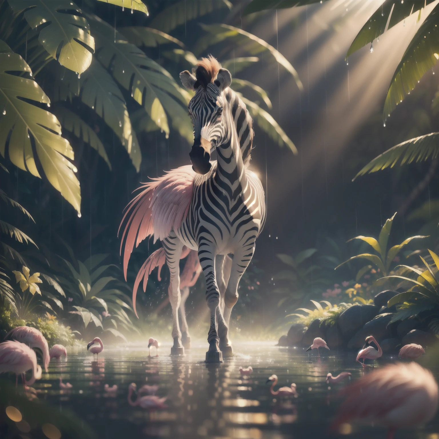 ((best quality)),((masterpiece)), hyper realistic illustration, (((ultra detailed)),, Scene structure: Enchanted forest: Winged zebras and flamingos dancing Hawaiian. Dense tropical forest. Wet rain. Beautiful sunset falling, movie light, cinematic, intricate details. Foliage rich in detail by Pixar, Walt Disney,, award-winning work, chromatic, 8K, motion blur, cinematic lighting, depth of field, reflection light, god rays, glowing light, blending, drop shadow, masterpiece,, high res,, ((intricate))