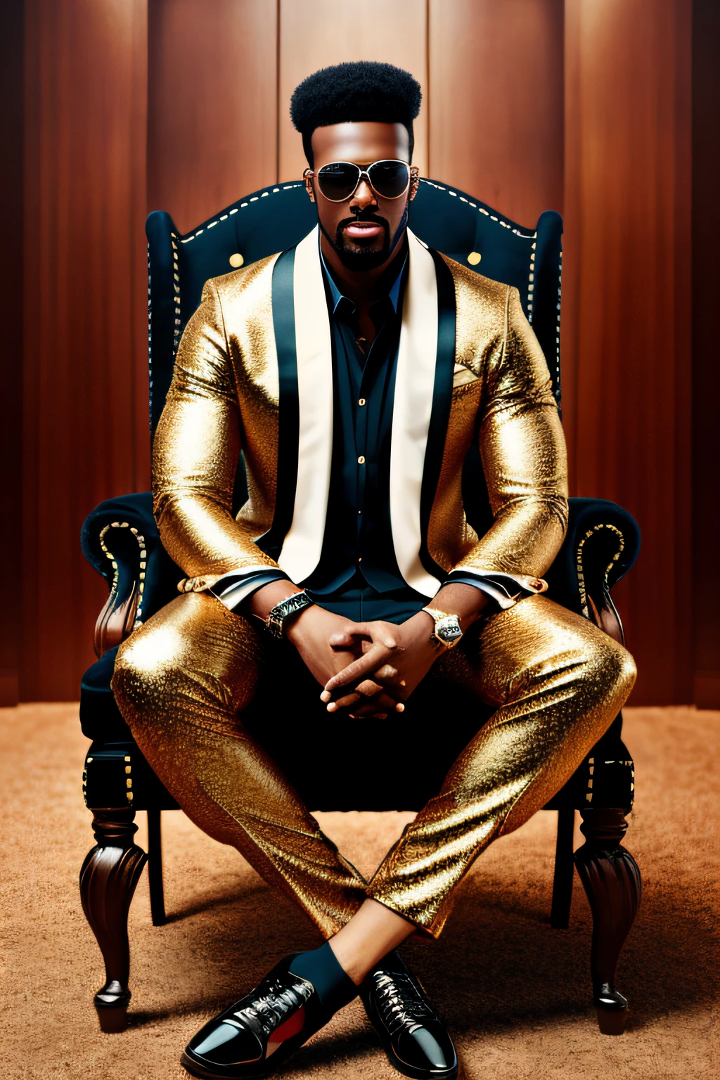 most handsom blackman, masterpiece, best quality, photorealistic, , , glasses on head, gears, gem, glasses, gold, jewelry, magic circle, male_focus, owl, pants, shoes, sunglasses, tassel, throne,