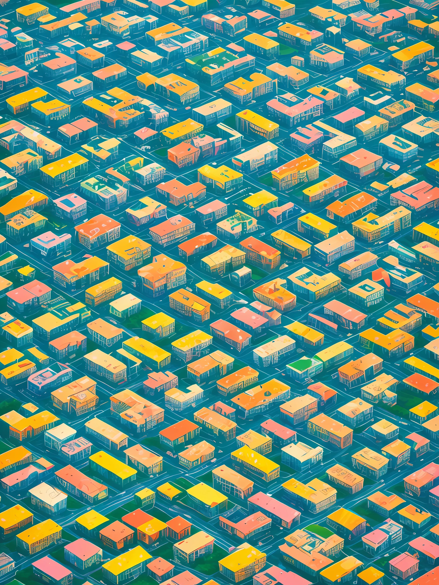A kooky and whimsical image of a futuristic world, designed in Wes Anderson’s signature symmetrical style with high saturation colors.

The world is populated by fantastical and unusual architecture, with towering spires and bulbous domes painted in bright pinks, greens, and blues. The buildings are laid out symmetrically, creating a sense of order and balance in the bustling metropolis.

The sky is filled with airships and flying cars, moving in a sublime, labyrinthine pattern. AI-driven robots in sleek white hover around delivering parcels, while giant, luminescent sea creatures made of plastic float slowly through the sky.

The colors in this utopia are rich and saturated, with pastel pinks and blues contrasting against vivid greens and yellows. Everything is meticulously arranged, as evidence by the neat rows of buildings and the orderly traffic in the sky.

Overall, the image captures the essence of Wes Anderson's style, with its symmetry and bright, quirky design elements. It is a playful and whimsical representation of a futuristic world, where anything seems possible and the sky is the limit.