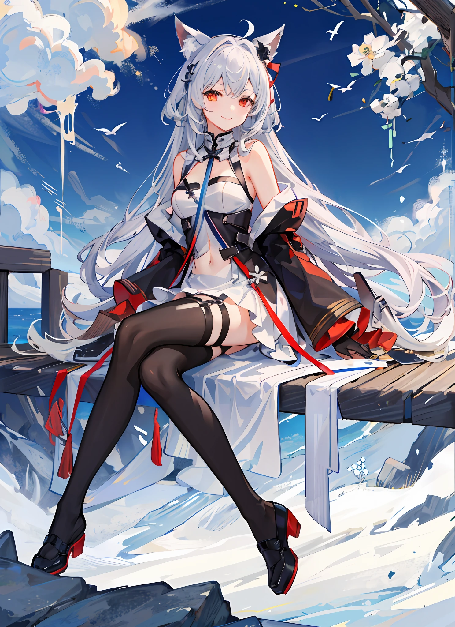 1girl, 长发, 肚脐, yuudachi_\(azur_lane\), 乳房, 辫子, 无底洞, solo, animal_ears, looking_at_viewer, 锁骨, white_legwear, 腮红, silver_hair, very_long_hair, puffy_sleeves, 肚子, sitting, smile, animal_ear_fluff