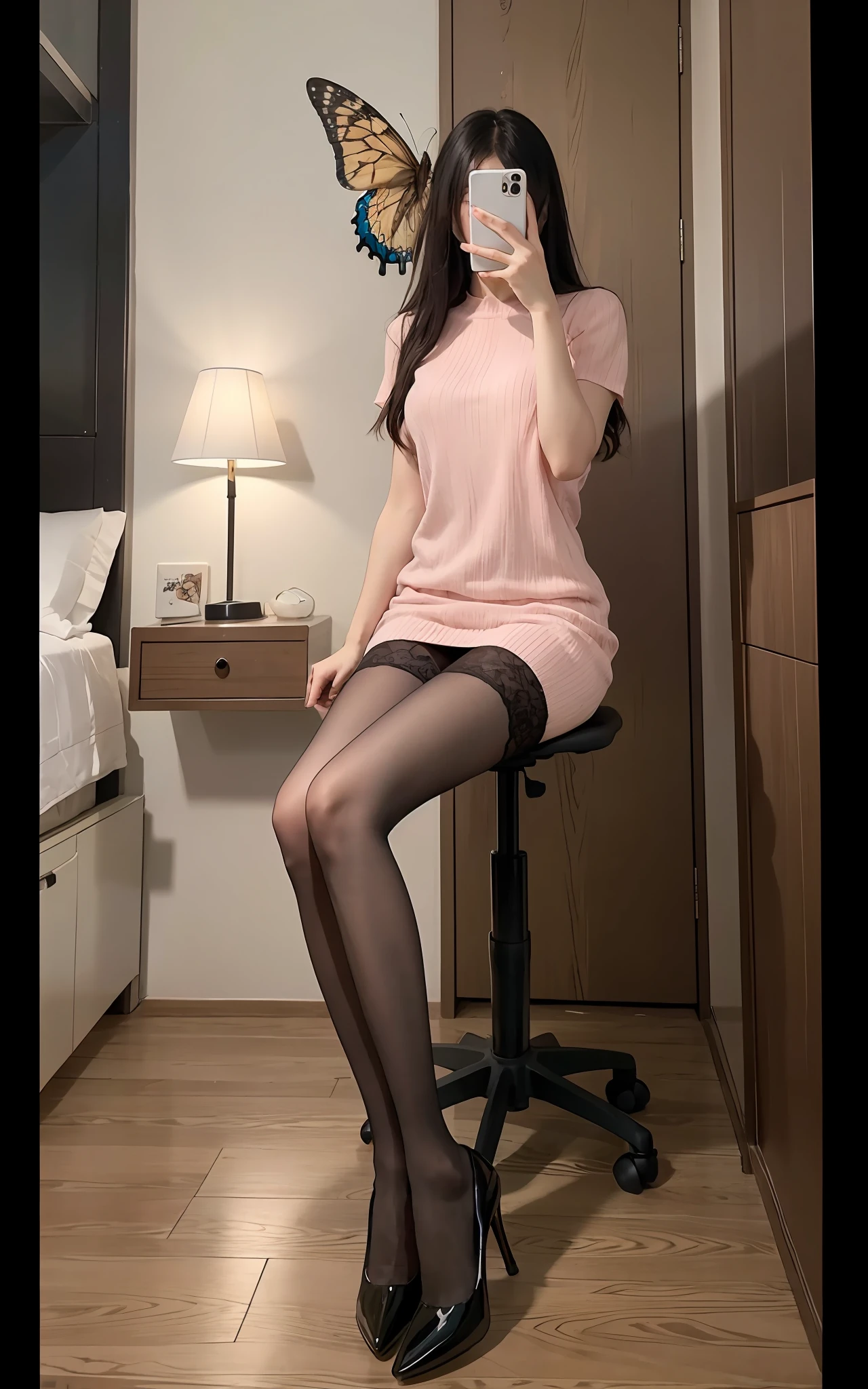 Midjourney's latest entry is a stunning, extremely detailed CG Unity 8K wallpaper with a pink theme. This work of art is a masterpiece that showcases Midjourney's amazing talent and attention to detail. The scene is illuminated by a soft pink light, which injects a gentle and romantic atmosphere into the entire composition. The resolution of the wallpaper is very high, capturing every fine brush stroke and texture in an extremely clear way. The photo captures Midjourney covering his face and taking a selfie, holding an Apple phone in his hand. The protagonist is a young woman in a standing position, sitting on a chair or sitting with a butterfly. She wears pink stockings or pantyhose, which adds a touch of tenderness to the scene. At the same time, the composition subtly highlights the curvaceous posture of the protagonist and emphasizes her small, slender hands. --ar 2:3 --v 5 --q 2