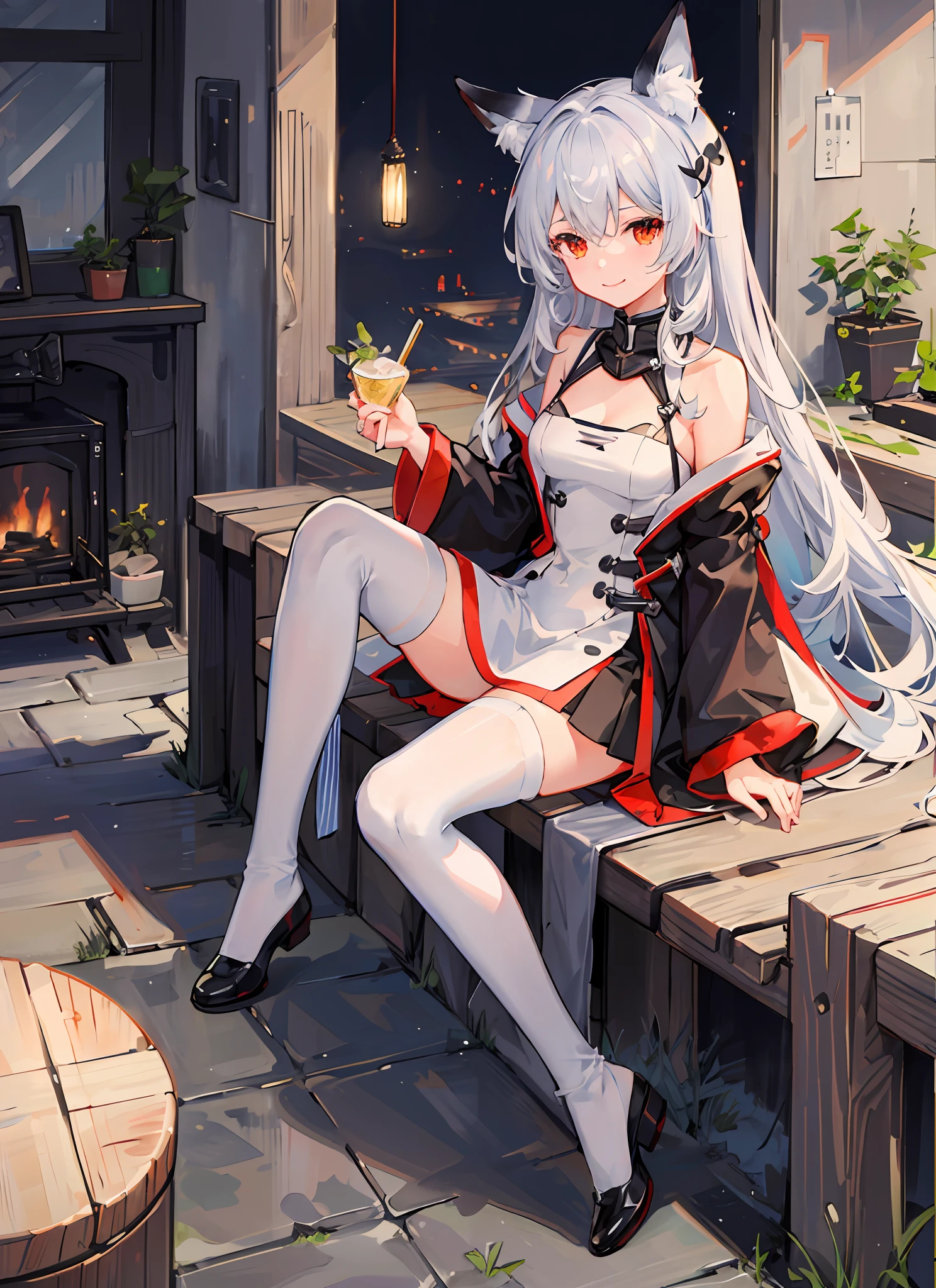 1girl, 长发, 肚脐, yuudachi_\(azur_lane\), 乳房, 辫子, 无底洞, solo, animal_ears, looking_at_viewer, 锁骨, white_legwear, 腮红, silver_hair, very_long_hair, puffy_sleeves, 肚子, sitting, smile, animal_ear_fluff
