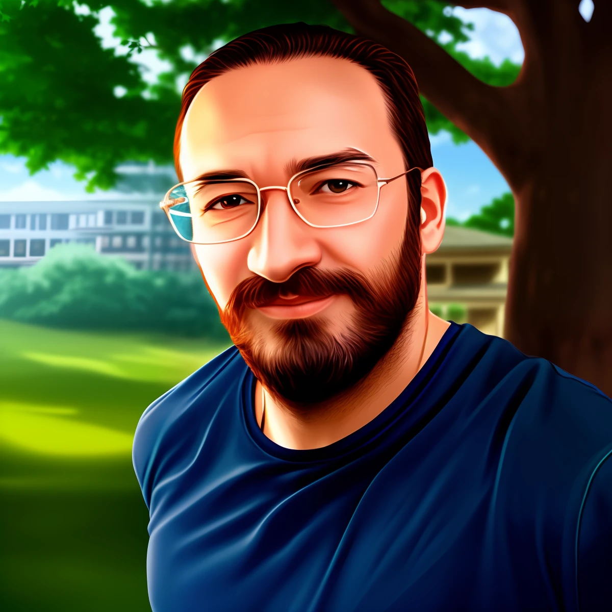 There is a man with glasses and beard in front of a tree, anime, realistic animation style.