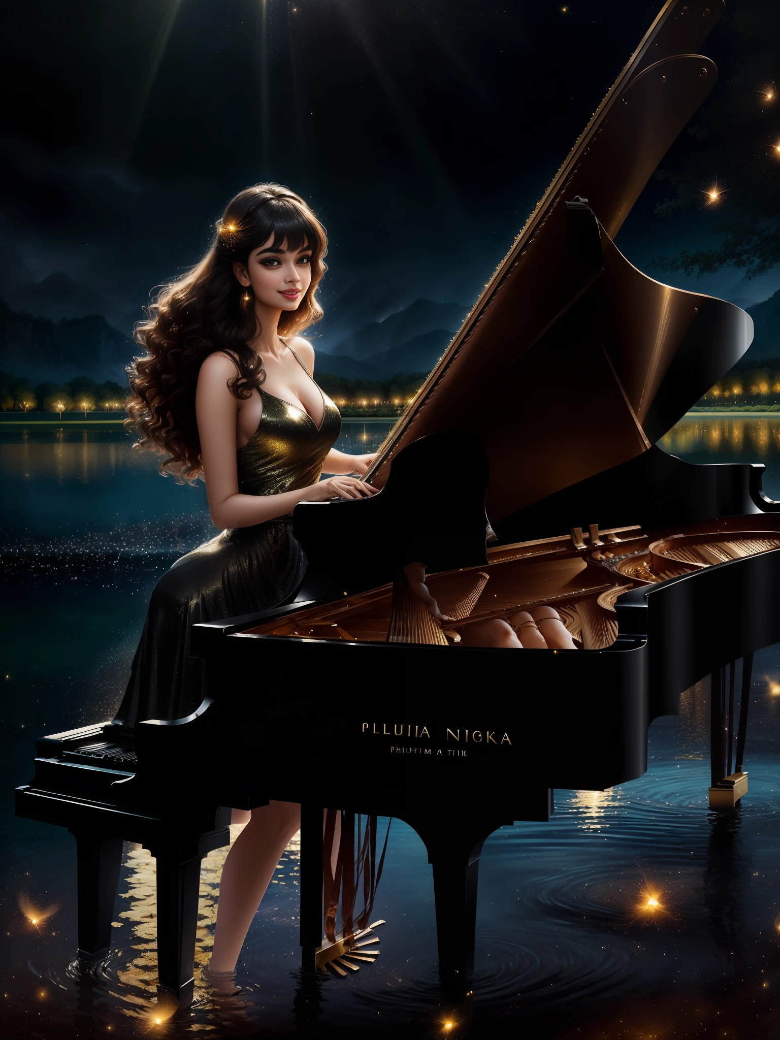 (masterpiece photography realistic ) of a (solo:1.2) alluring sexy supermodel plump Ayesha takia Aishwarya (playing piano in the centre of a lake at night:1.4), wearing beautiful (sexy shimmering black minidress:1.3), magical romantic sky, (big flowing hair with highlights), (detailed intricate face) (hair accessories), vivacious, lustful glance, exhilarated (beautiful detailed eyes:1.1) , (passionate smile:1.3) intense dramatic lighting, magical fireflies bokeh, backlit, light rays, highly detailed, trending on artstation, paint splashes, rich colour, wind all around, abstract portrait, by Ron hicks