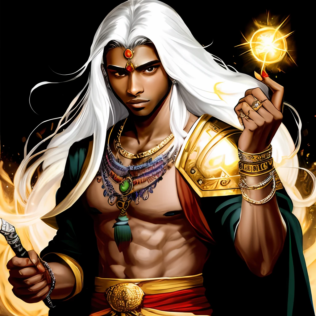 Holding lightning in hand, long white hair, golden bracelets, RPG, D&D, dark skin, Young man, detailed, Tome in hand, Indian.