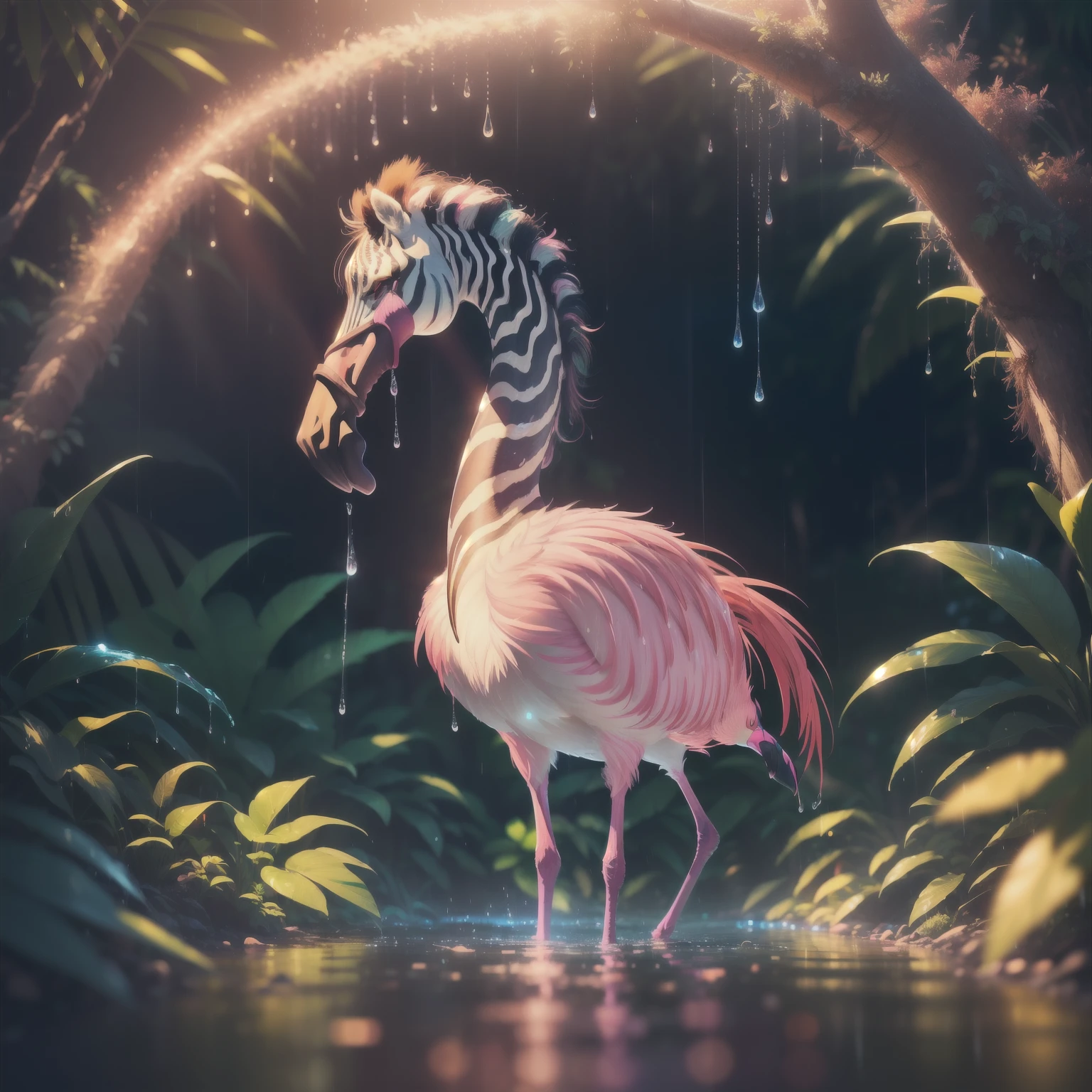 ((best quality)),((masterpiece)), hyper realistic illustration, (((ultra detailed)),, Scene structure: Enchanted forest: Winged zebras and flamingos dancing Hawaiian. Dense tropical forest. Wet rain. Beautiful sunset falling, movie light, cinematic, intricate details. Foliage rich in detail by Pixar, Walt Disney,, award-winning work, chromatic, 8K, motion blur, cinematic lighting, depth of field, reflection light, god rays, glowing light, blending, drop shadow, masterpiece,, high res,, ((intricate)), Neon lights in the background
