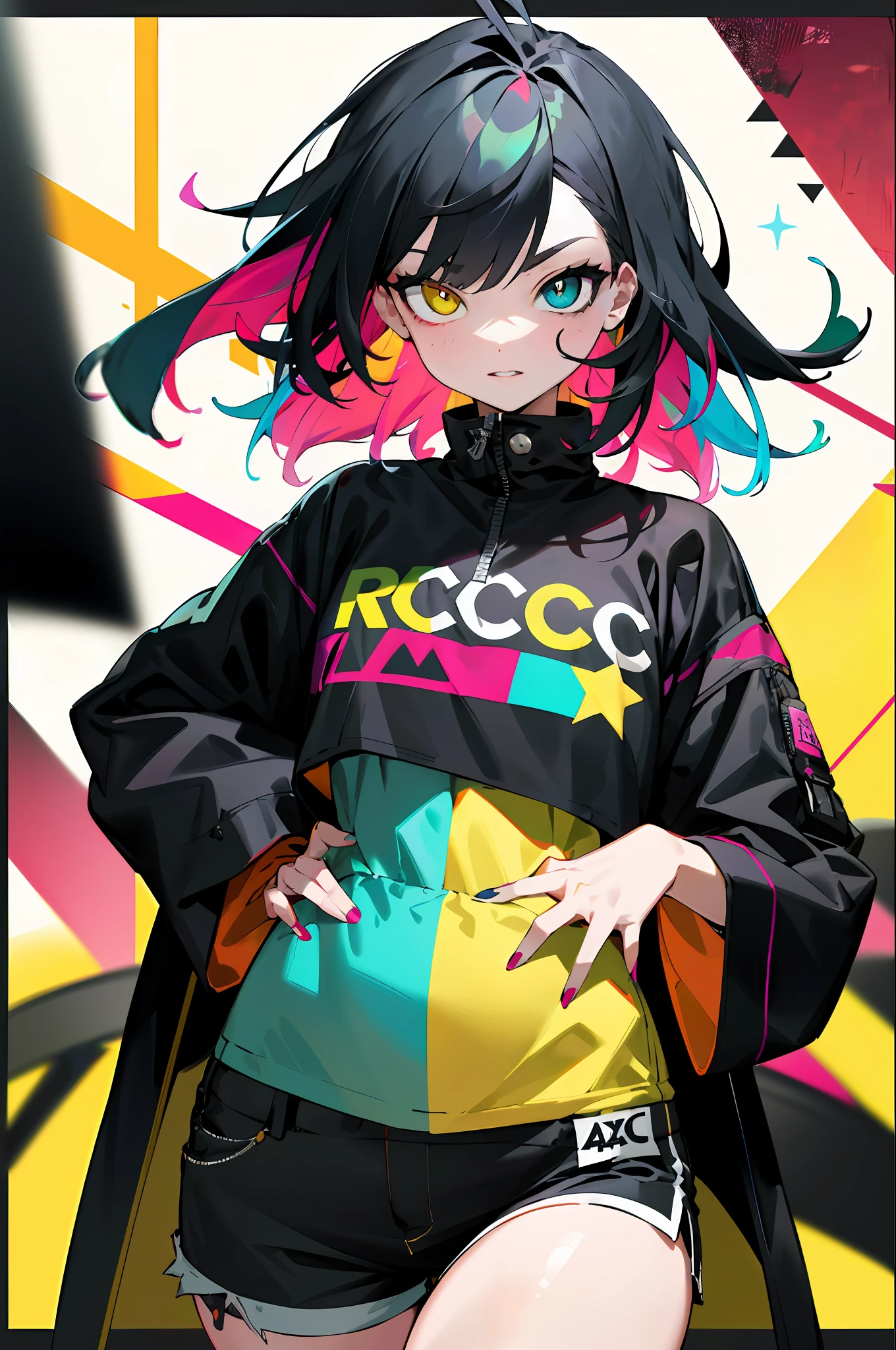 Rockstar, musician, cool, colorful, absurd, best quality, 1girl, solo, viewer look, eye focus, LucoaDM, CasualCL, shorts, modern top, hips, heterochromia, eye focus, long multicolored hair
ADCOMM
Green Eyes
ADDCOL
(black eyes: 1.5), slit pupils, light pupils, yellow pupils