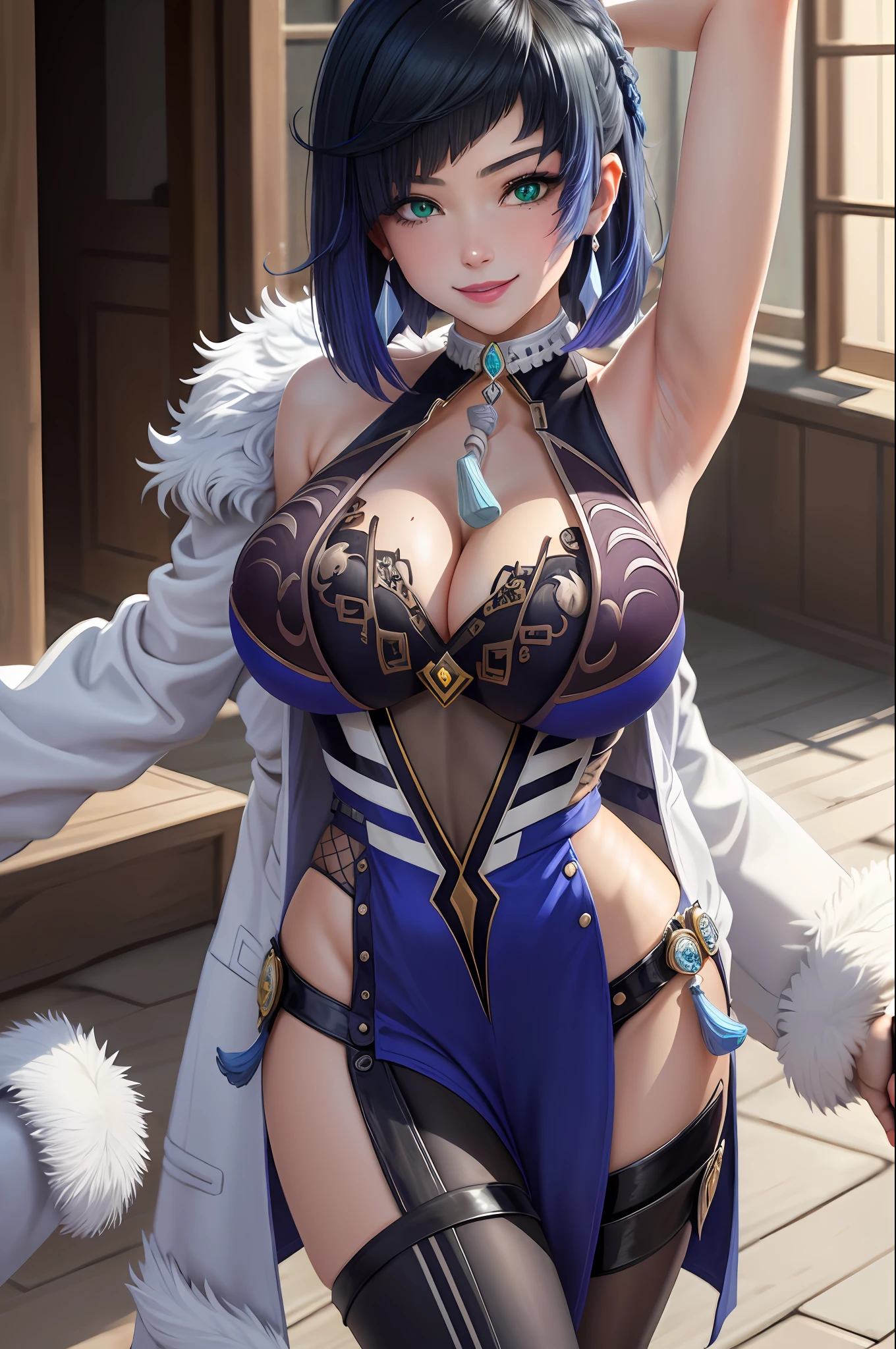 masterpiece, best quality, YelanV4, 1girl, solo, looking at viewer, blush, smile, large breasts, gloves, dress, cleavage, jewelry, green eyes, jacket, earrings, armpits, fur trim, blue dress, white jacket, tassel, arms behind back, pelvic curtain, mole on breast, jacket on shoulders, vision (genshin impact), purple lips, dice