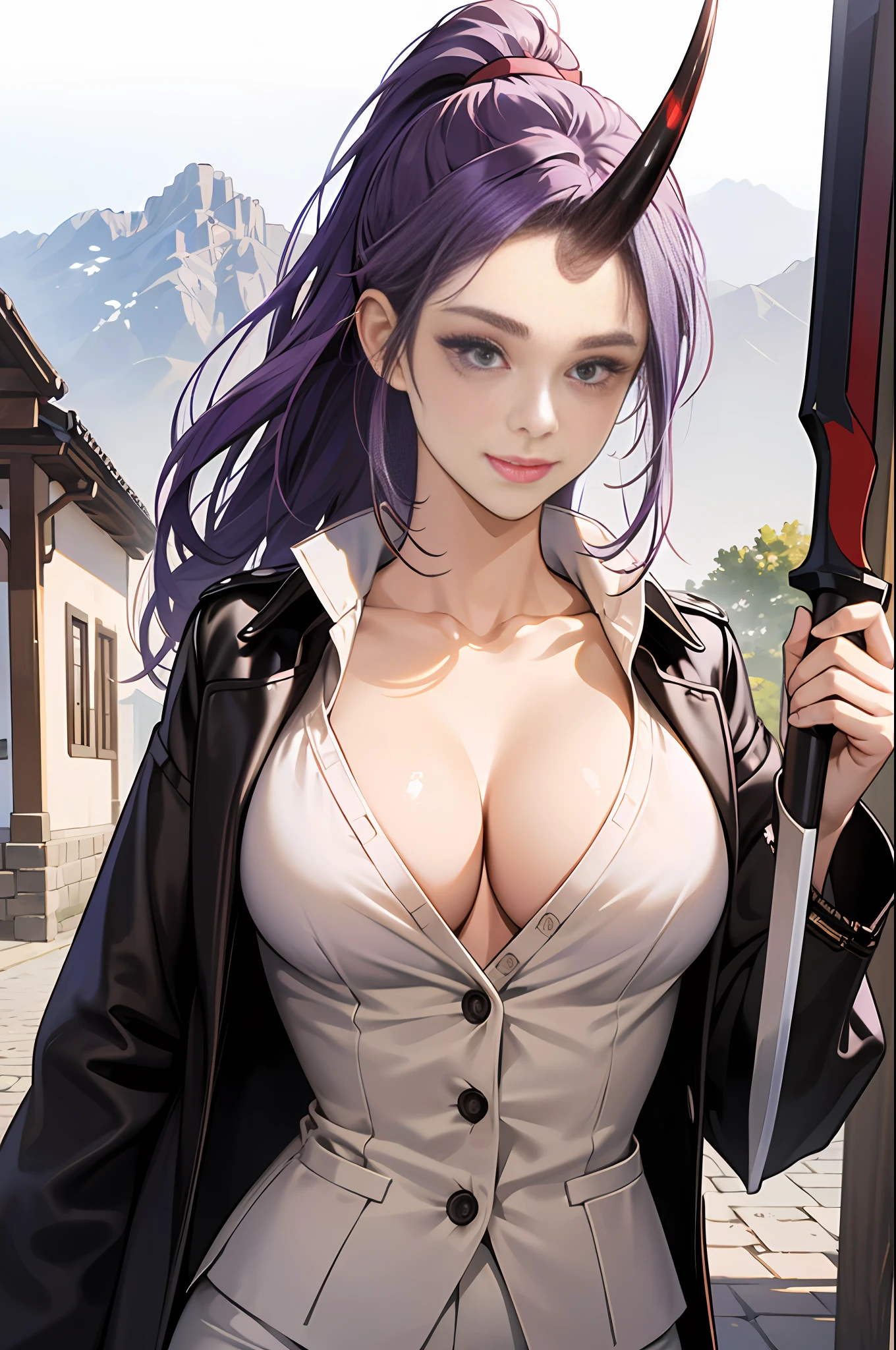 master-piece, hyper quality, hyper detailed, perfect drawing, CG, 3D, 8k, illustration, solo, beauty, purple-haired ponytail, ((only one horn grows from the middle of the forehead))), height 190cm, bountiful breasts, L cup bust 108cm, ((purple leather pantsuit))), (( The upper body is naked and wears only a jacket with only one button)), ((no bra))), skinny pants (low-rise pants), (holding an ultra super big sword in his hand: 1.5), cute smile, round big buttocks, cleavage, fluffy chest, isekai fantasy, townscape similar to medieval Europe, cobblestones, castle on a distant mountain, beautiful background, natural light, high-resolution, shooting from the front obliquely below, professional camera,