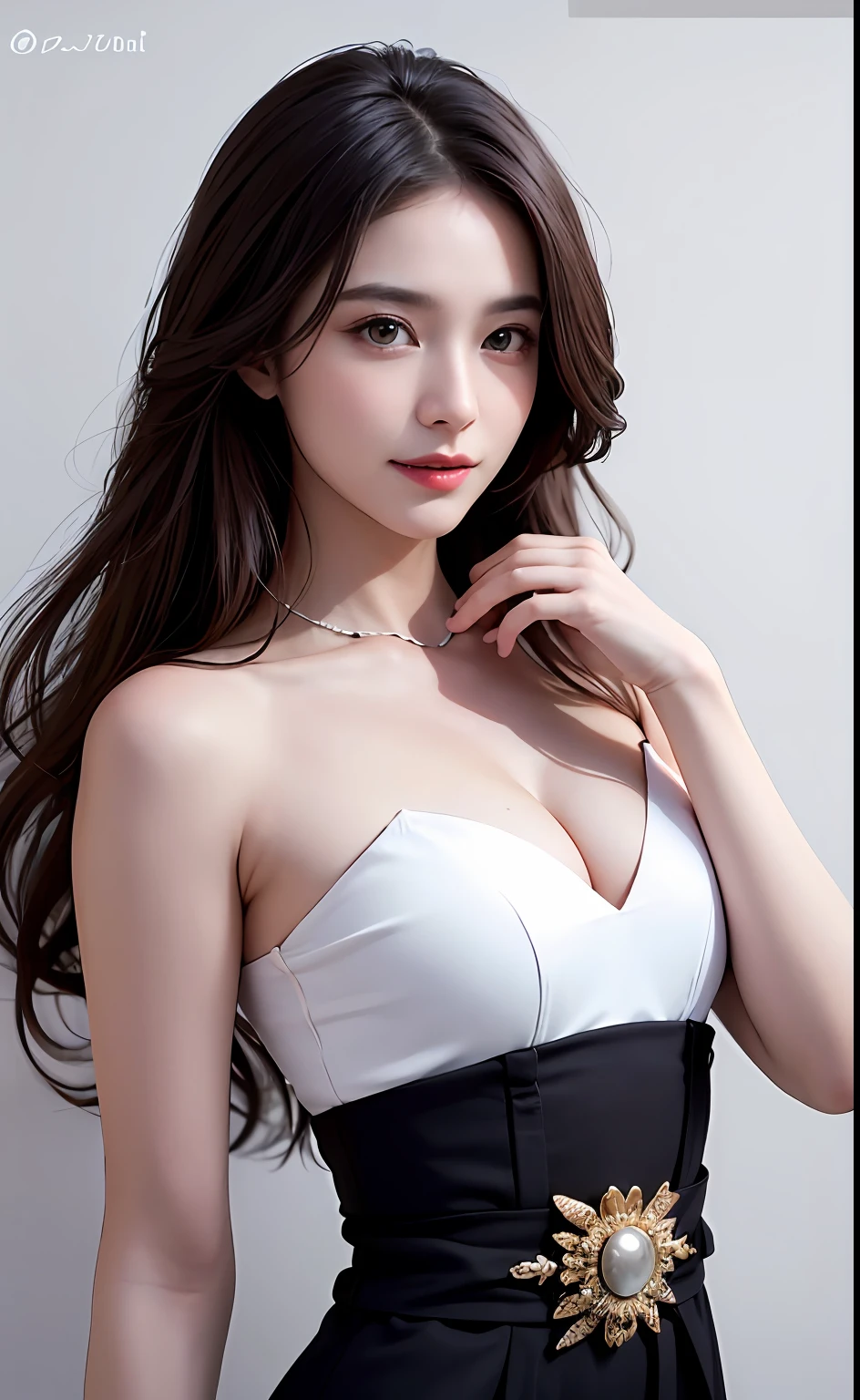 8k, (smile)), 25 years old, View viewer, ((Attractive face)), Beautiful dress in detail, Ultra high quality, ((Body from waist up)), Photo realistic, Beautiful face and eyes in every detail, (hairstyle up),One piece, (White marble background), Top quality, Real, Fantasy, Real skin, Full color, Top quality, Very delicate and beautiful, Raw photo details, Professional photography, Solo, Beautiful lips, Facing forward, Top quality, Real skin, Full color, Raw photo details, Realistic photo