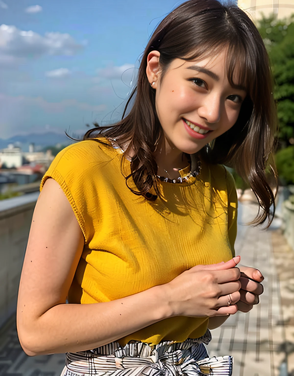 a woman standing in front of a marble wall wearing a sweater, puff sleeves, beige, shiori teshirogi, voluminous sleeves, yasumoto oka, nanae kawahara, kimi takemura, japanese model, kiko mizuhara, fancy top, tsutomo nihie, chiho, chiho ashima