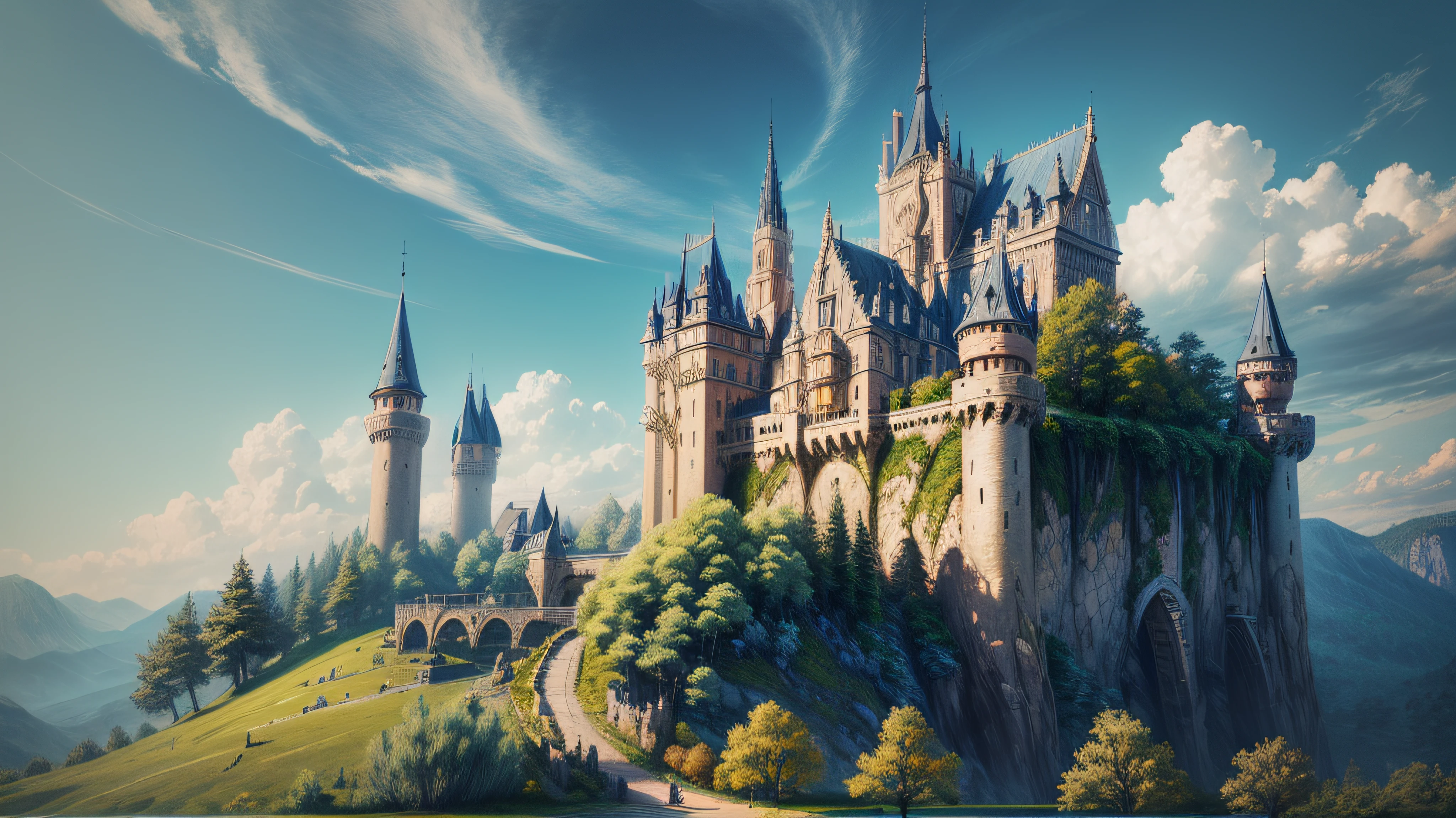 castle, natural highlights, bright colours, realistic wide angle, mystical environment, realistic textures, realistic shading, centered, inked lines and watercolour, UHD, photo, 8k resolution, dark, dynamic action, pale washed out style, camera Holga, retro, dreamy nostalgic, soft focus, vignetting, light leaks, medium photography, gloomy artistic painterly ethereal, whimsical --auto