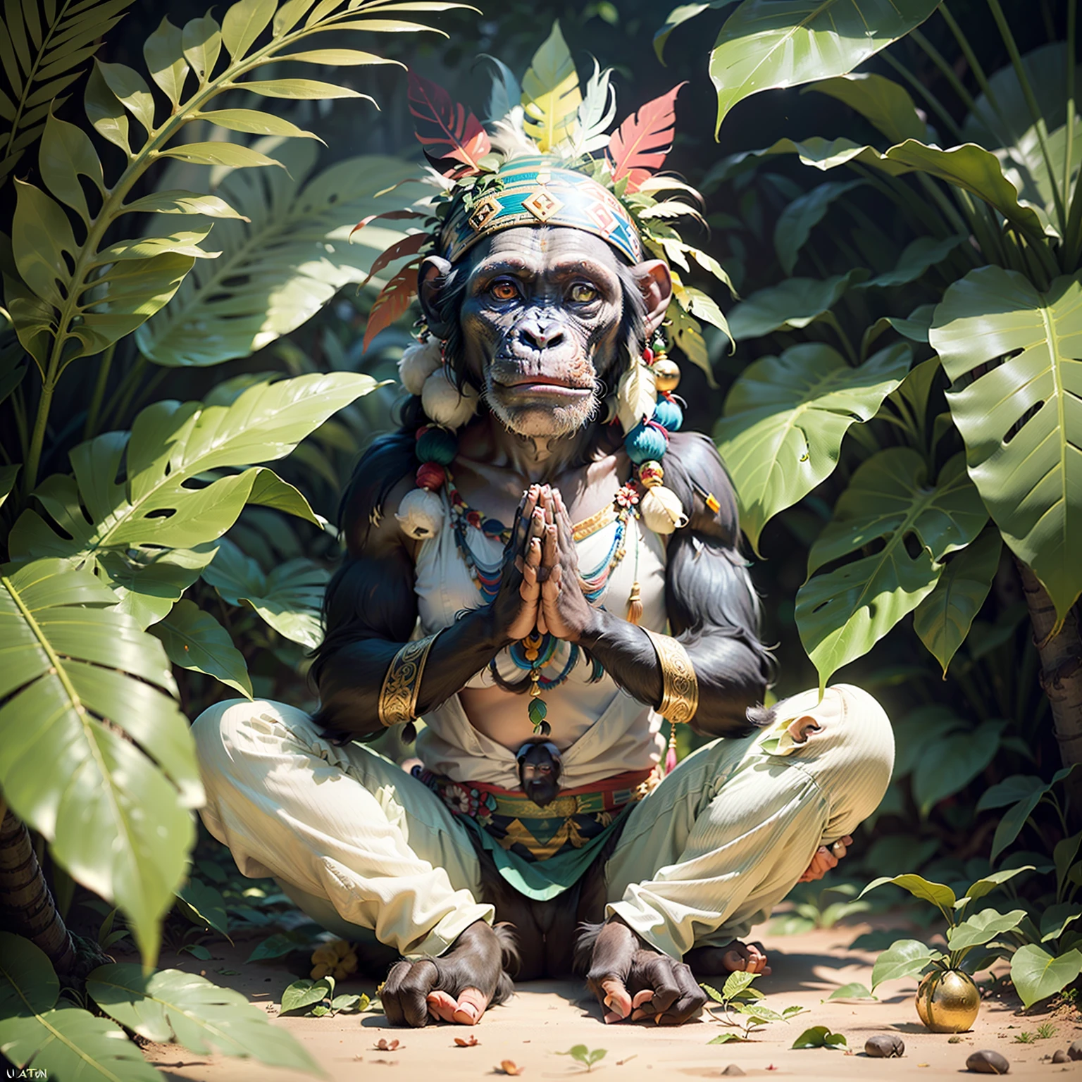 Chimpanzee ((indigenous),, ((with praying hands)),, chimpanzee hands, hair with details, with indigenous headdress on the head, ((meditating)) colorful feathers, facing the camera, detail: dense tropical foliage, highly detailed intricate, ((masterpiece)), ultra hyperrealistic, masterpiece