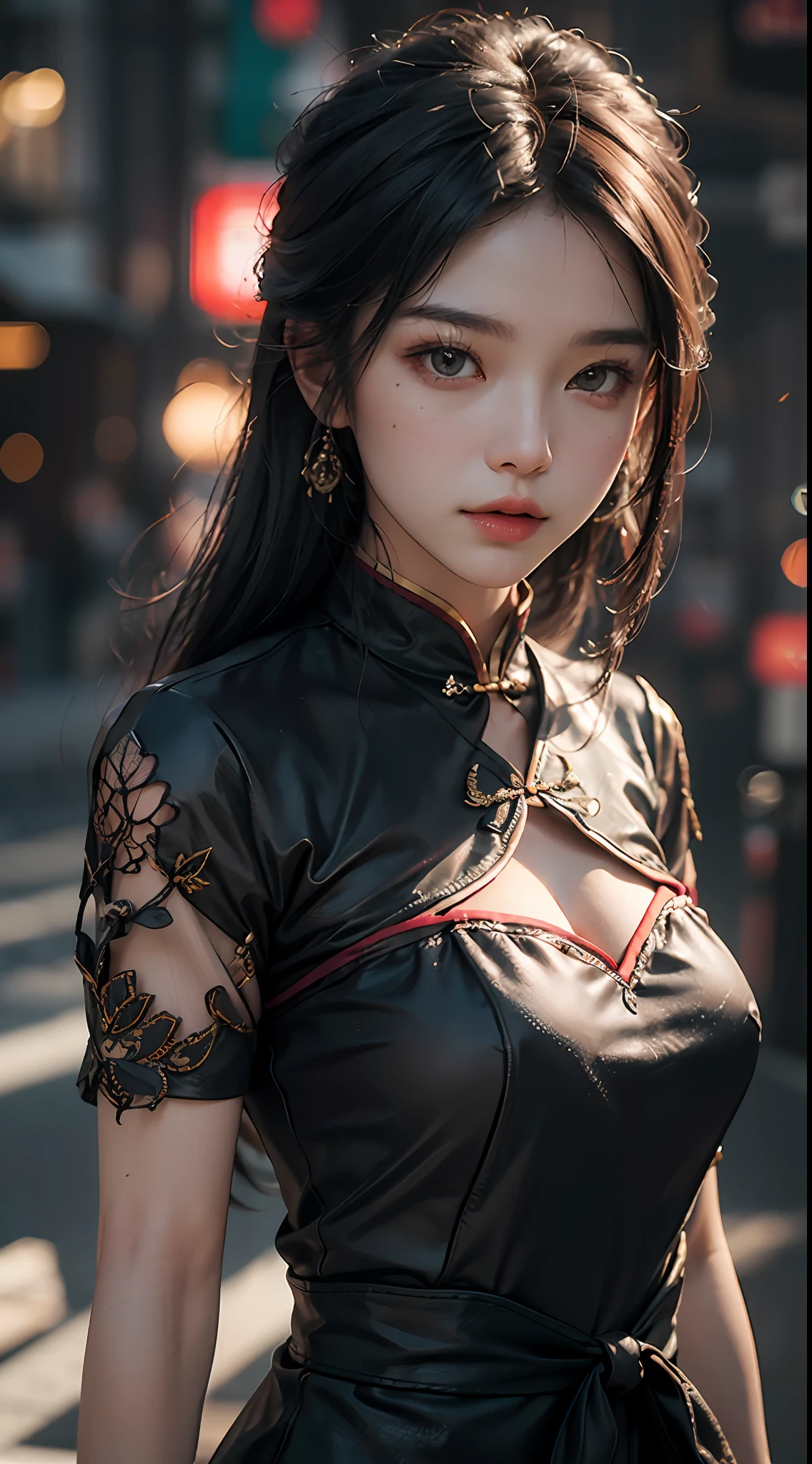 Best quality, (RAW photos: 1.2), (Masterpiece: 1.4), (Realistic: 1.4), (High resolution: 1.4), Chinese actress Gulinazha, depth of field, intricate details, 8k, very detailed, perfect lighting, epic background, big bust 1.3, black tang costume