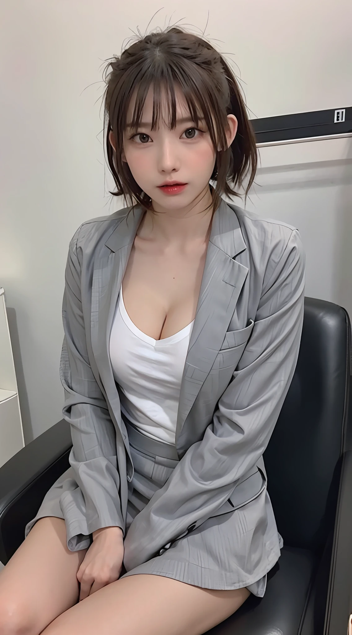Top Quality, Photorealistic, 8k, High Definition, 1 Girl, Female, (Medium: 1.8), Office, Grey suit, No panties, Skirt up, At work, Sitting in chair with legs wide open, Skinny, Slender, Cleavage visible from shirt, Flat neck shirt